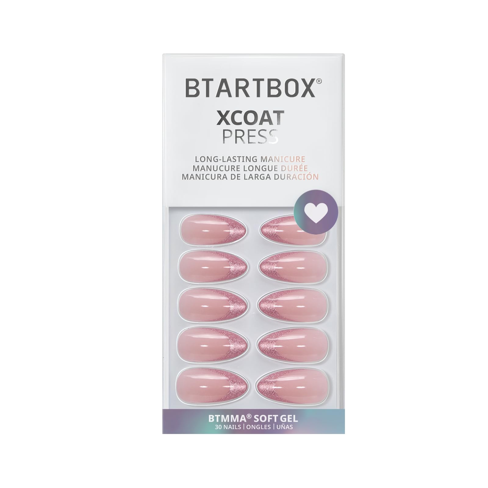 BTArtbox Press On Nails Medium Pink Frosting – Almond Cat Eye French Tip Kit (30 Nails, Glue & Tabs)