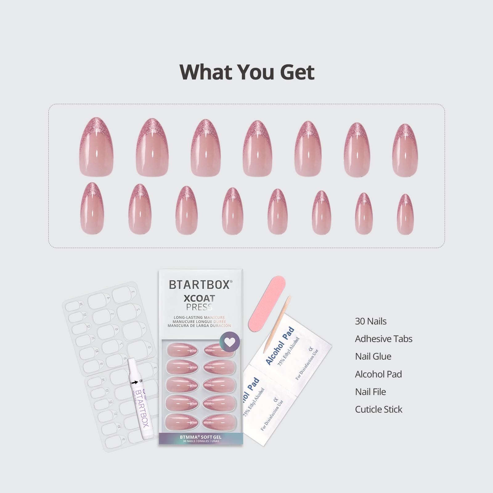 BTArtbox Press On Nails Medium Pink Frosting – Almond Cat Eye French Tip Kit (30 Nails, Glue & Tabs)