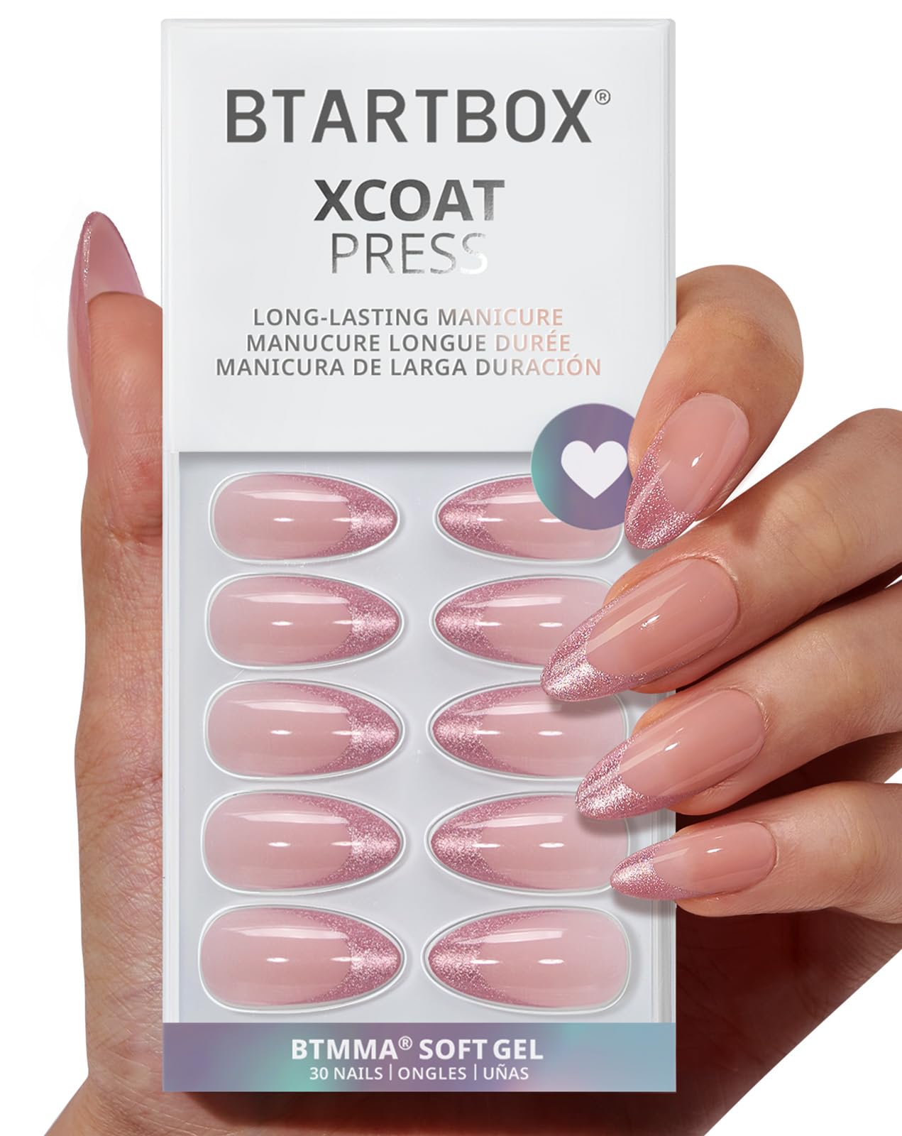 BTArtbox Press On Nails Medium Pink Frosting – Almond Cat Eye French Tip Kit (30 Nails, Glue & Tabs)