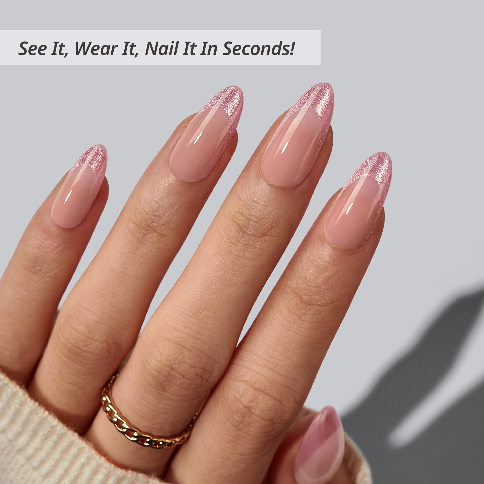 BTArtbox Press On Nails Medium Pink Frosting – Almond Cat Eye French Tip Kit (30 Nails, Glue & Tabs)