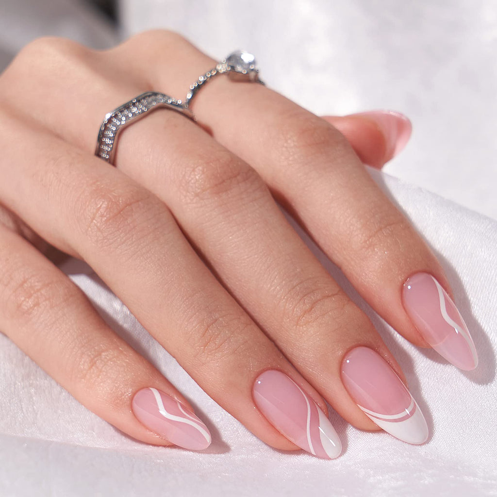 BTArtbox Press On Nails Medium – Soft Gel French Tip, Almond Shape, White Swirl, 15 Sizes + Glue & Tools