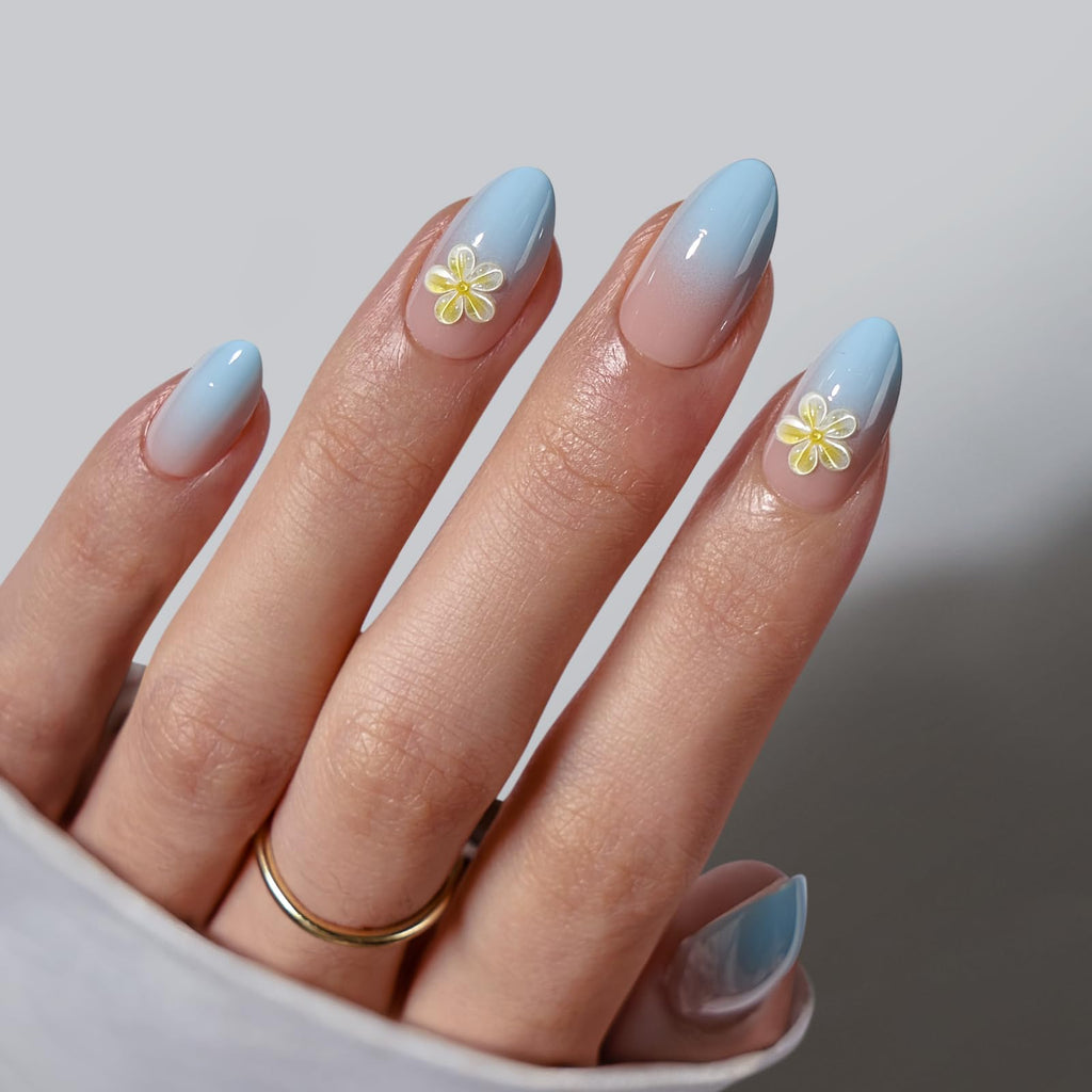 BTArtbox Short Ombre Flower Almond Press On Nails – Garden Party Kit, 32 Nails, 16 Sizes