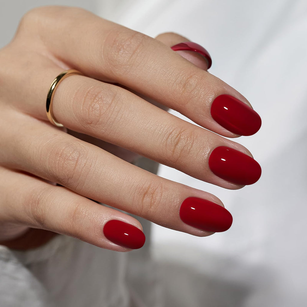 BTArtbox Press On Nails Short Oval Cardinal Red – 16 Sizes, Gel Finish