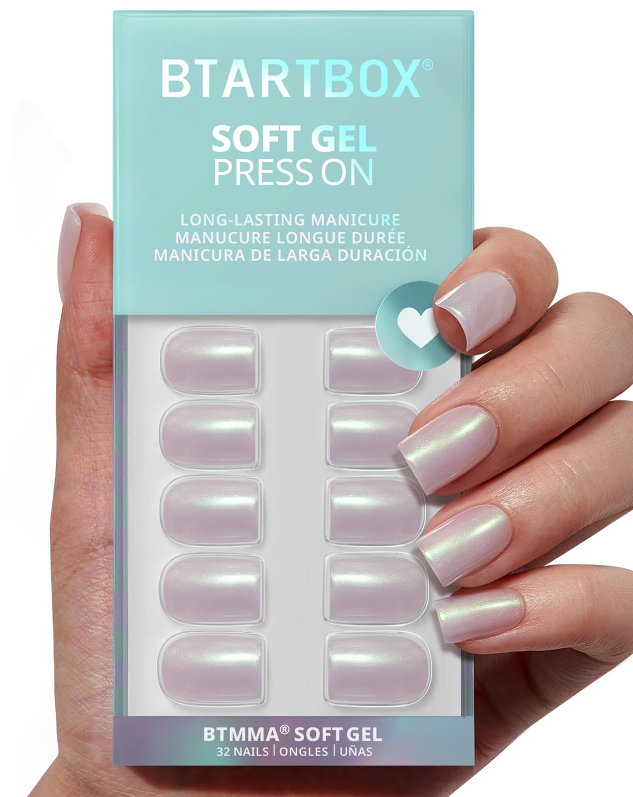 BTArtbox Press On Nails Short – Pearlescent Glitter Square, 32-Piece Kit with Glue