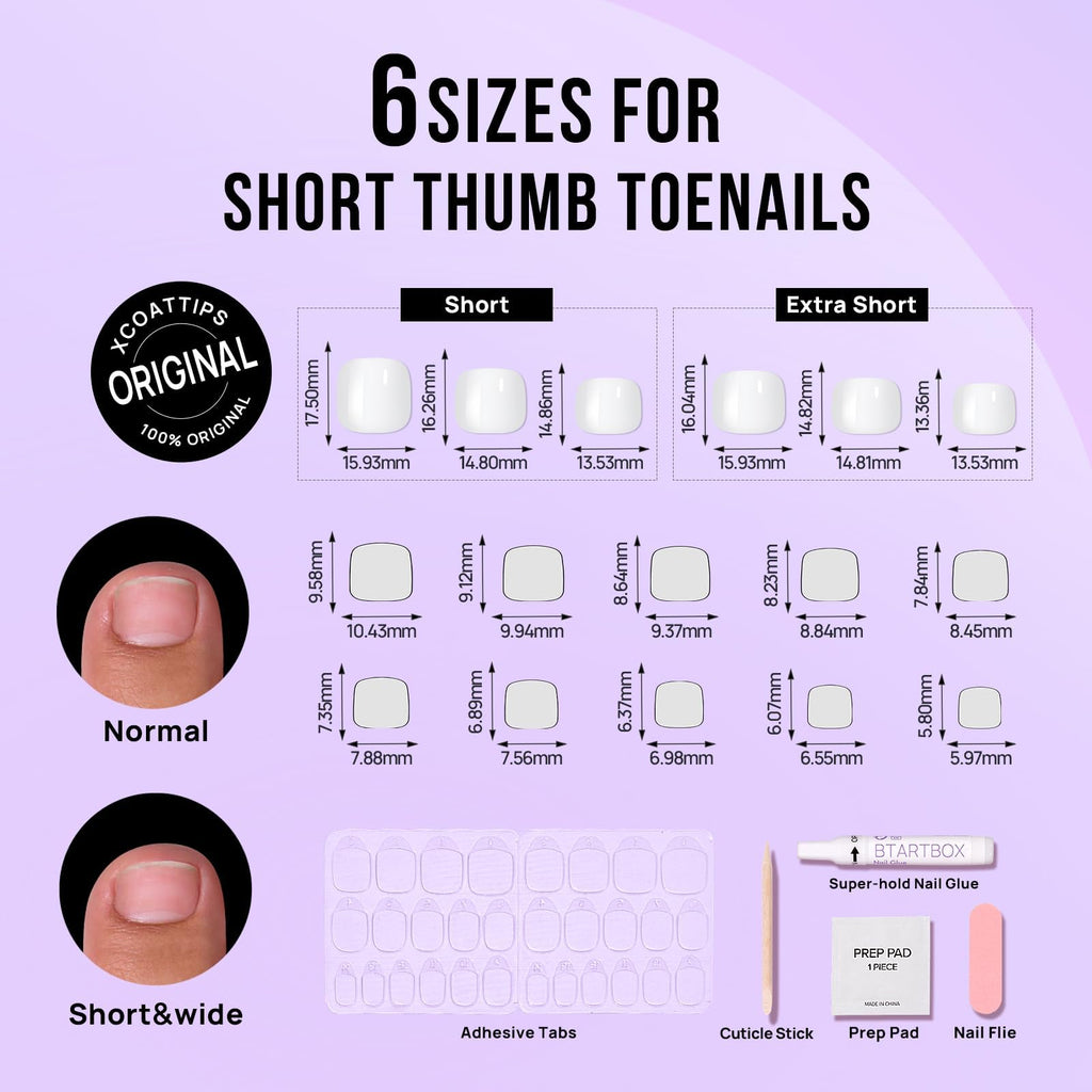 BTArtbox Press On Toenails – White Short Square, Lightweight Glue-On Nails (32 Nails, 16 Sizes)