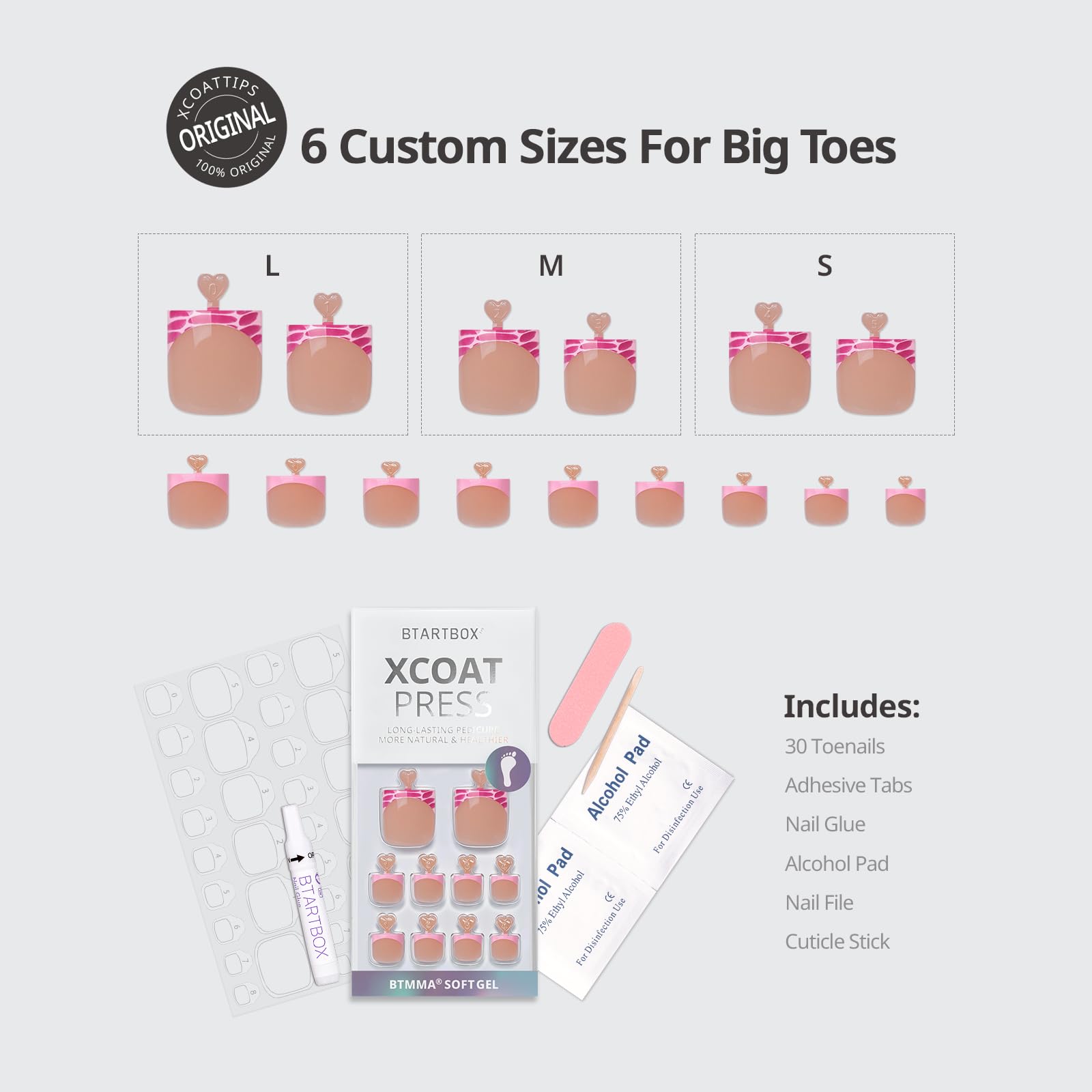 BTArtbox Press On Toenails – Lamp-Curable Sharp Square Tips, 30-Piece Kit with Glue (Pink Croc)