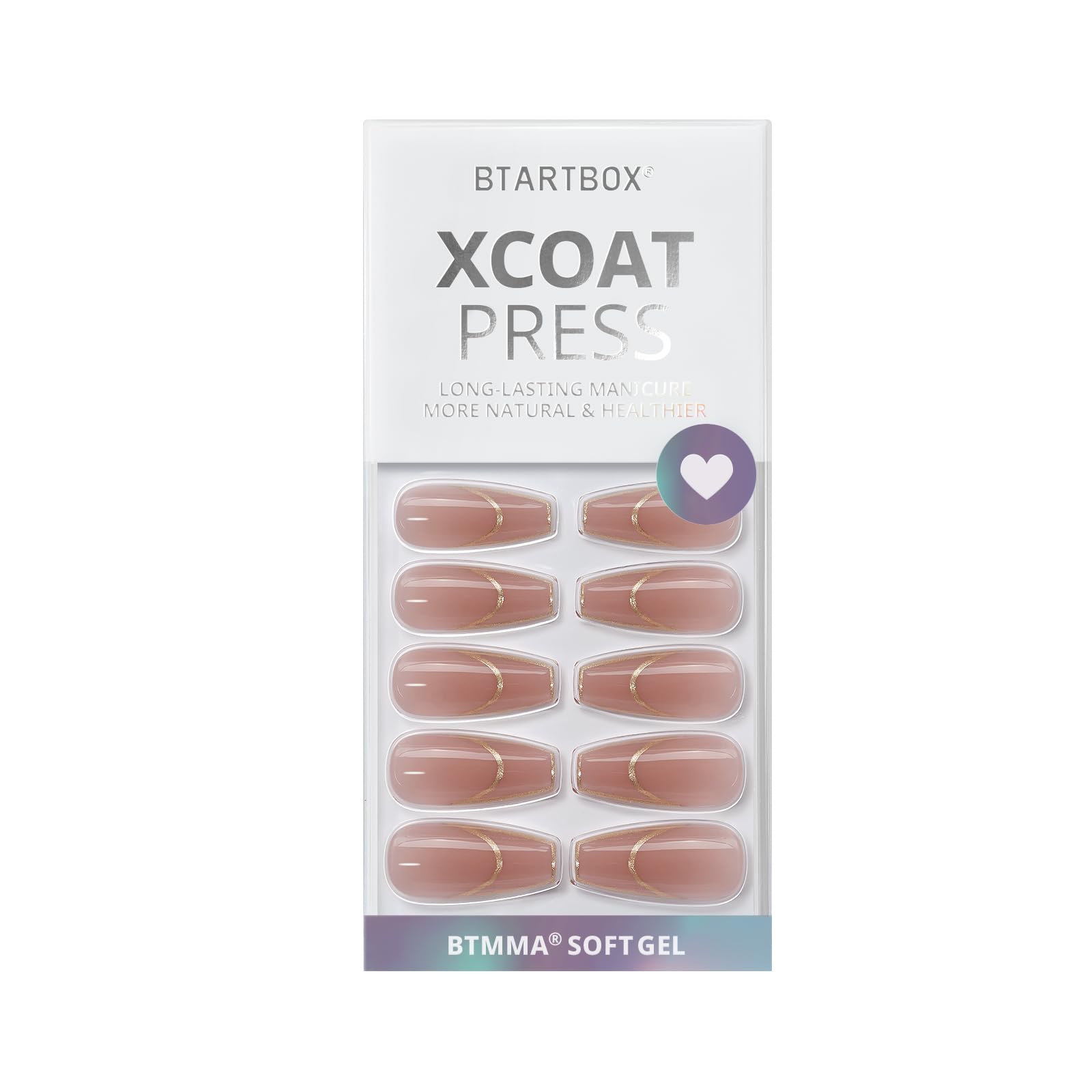 BTArtbox Press On Nails Long - Rose Gold Outline French Tip, Coffin Shape, Reusable Soft Gel, 15 Sizes