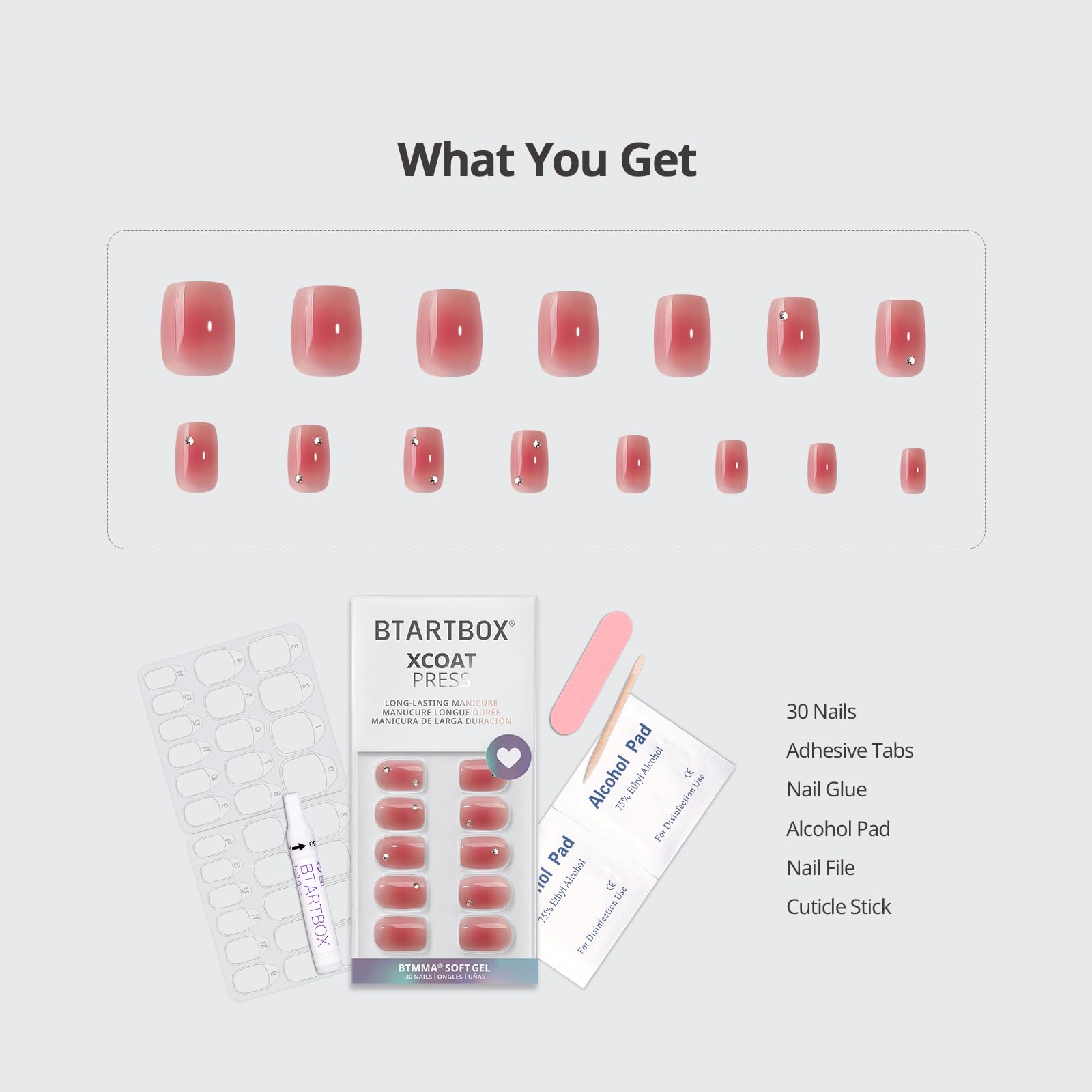 BTArtbox Press On Nails Short — Cyber Crimson Rhinestone Square Kit, 30 Nails, 15 Sizes