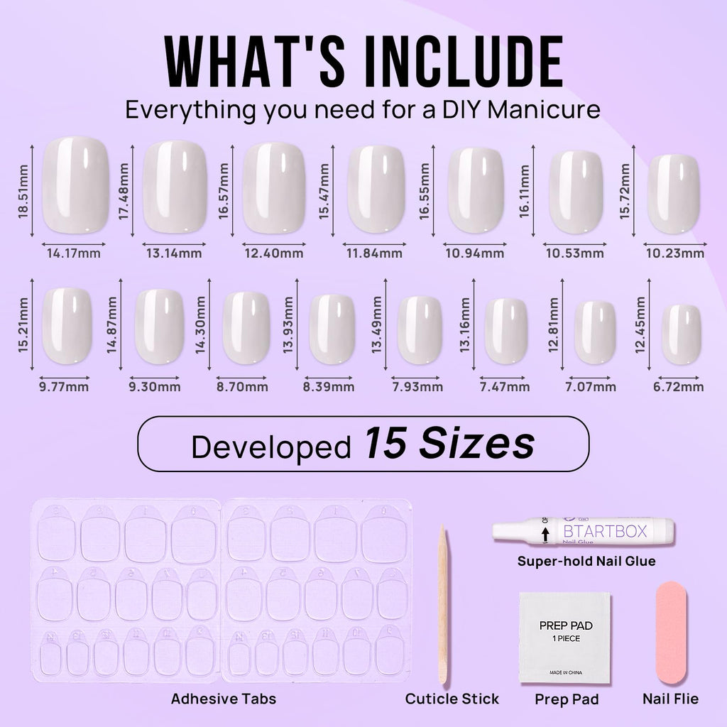 BTArtbox Short Press On Nails – Vanilla Glazed, White Soft Gel, 15 Sizes, 30 Nails