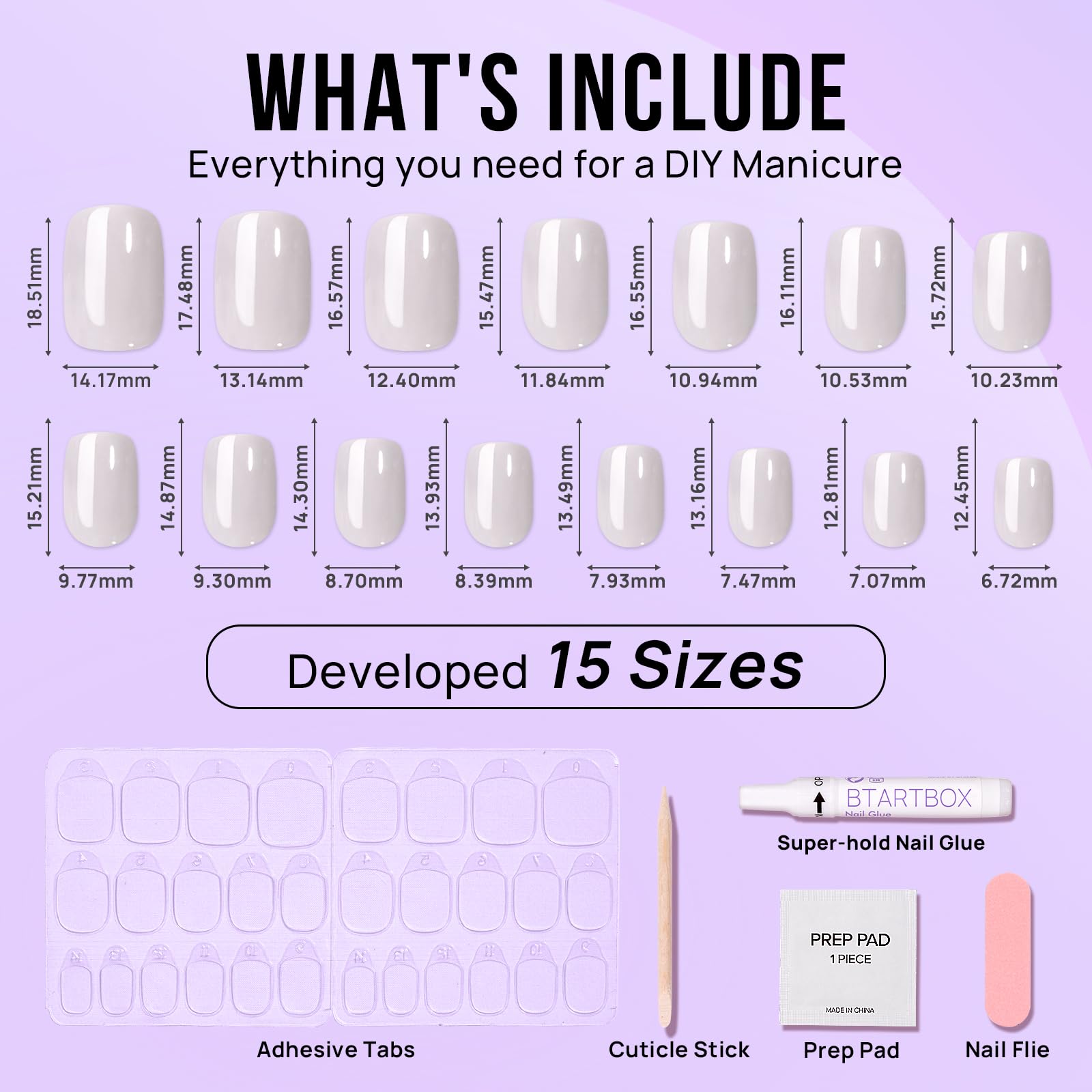 BTArtbox Short Press On Nails – Vanilla Glazed, White Soft Gel, 15 Sizes, 30 Nails