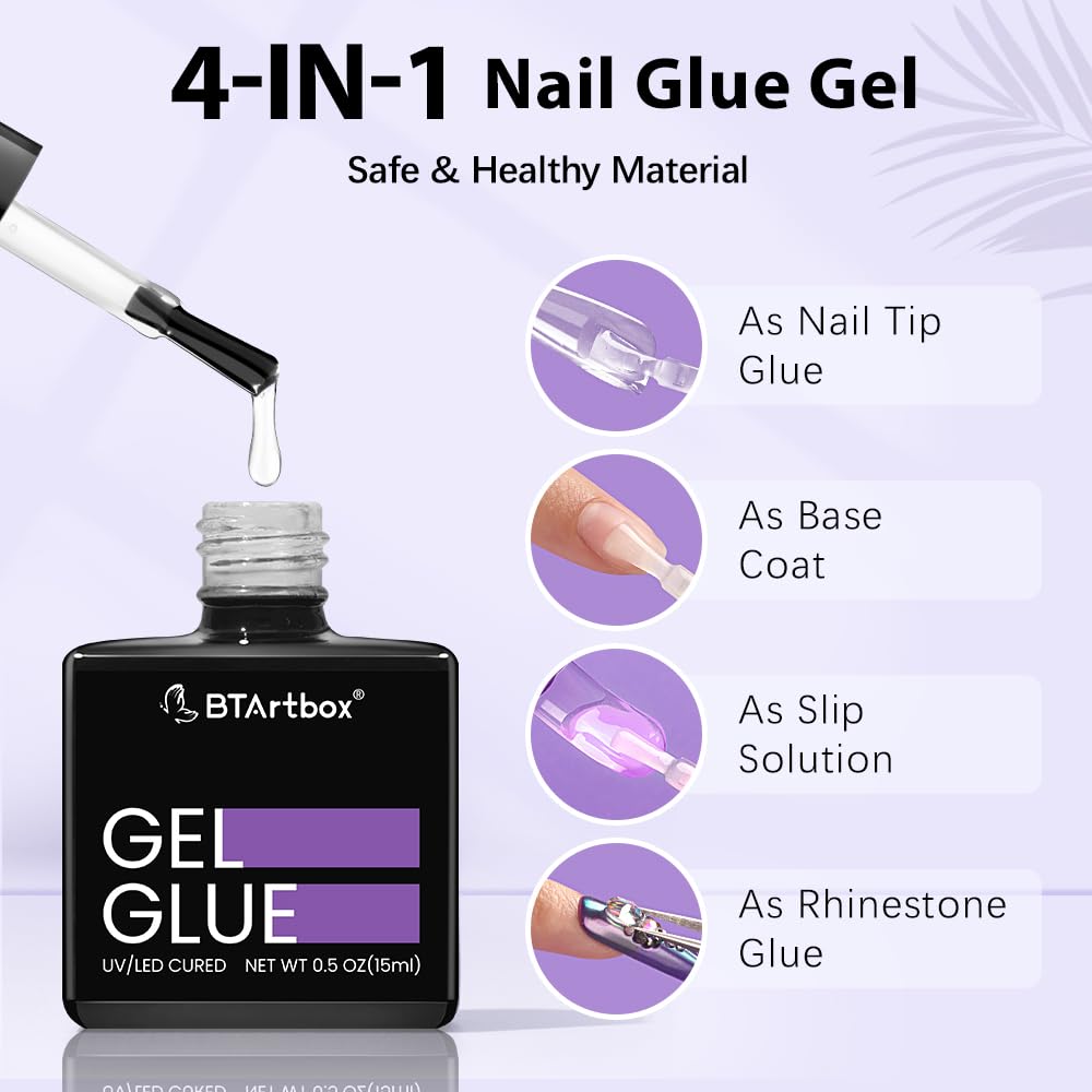 BTArtbox Nail Glue & Primer Set – 2x0.5 fl oz, 4-in-1 UV Gel for Durable Nail Extensions