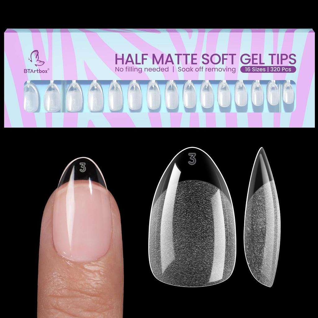 BTArtbox Short Almond Nail Tips - 320Pcs, 16 Sizes, Clear Half-Matte Soft Gel for Natural Full Cover Extensions