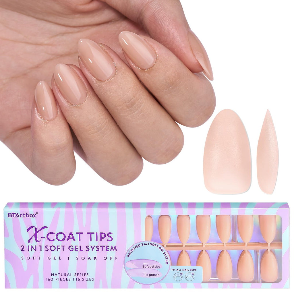 BTArtbox Short Almond Soft Gel Nail Tips – XCOATTIPS Nude Press-On Nails, 160pcs