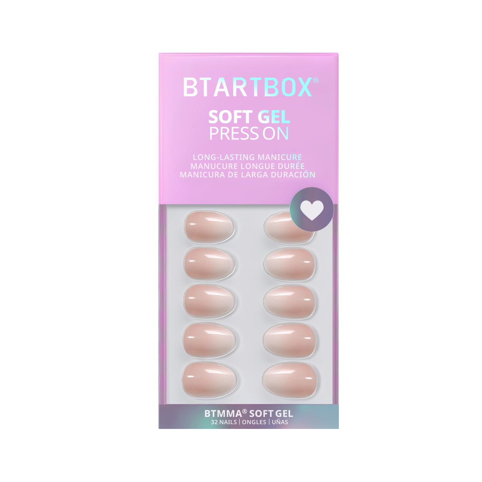BTArtbox Almond Press On Nails - Extra Short Nude White Ombre Soft Gel, 16 Sizes, 32 Nails Kit