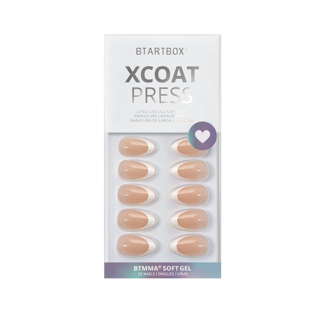BTArtbox Short Almond French Tip Press On Nails – 32 Nails Kit with Glue, 16 Sizes