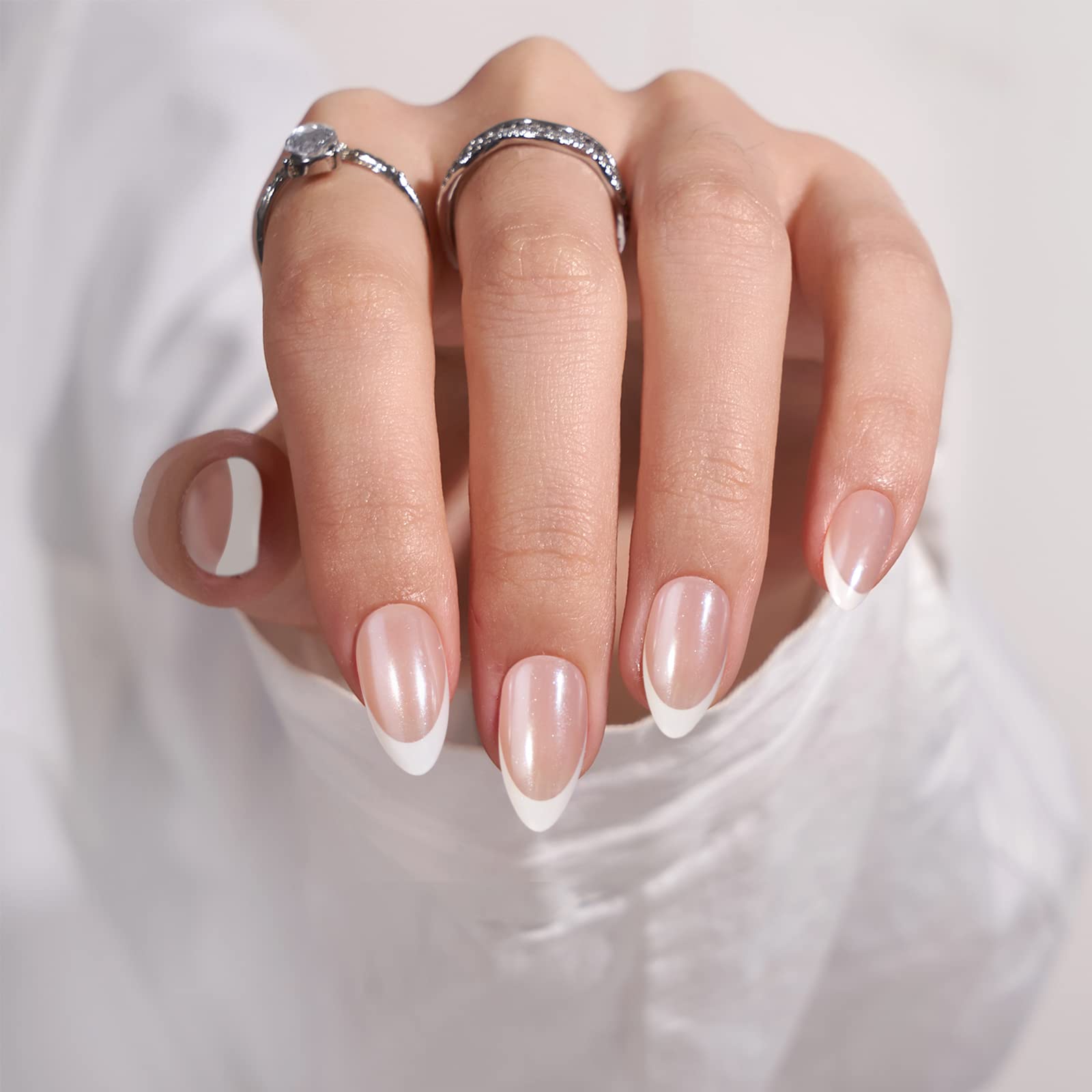 BTArtbox French Tip Press On Nails: White Almond Medium Gel Nails Kit (15 Sizes)