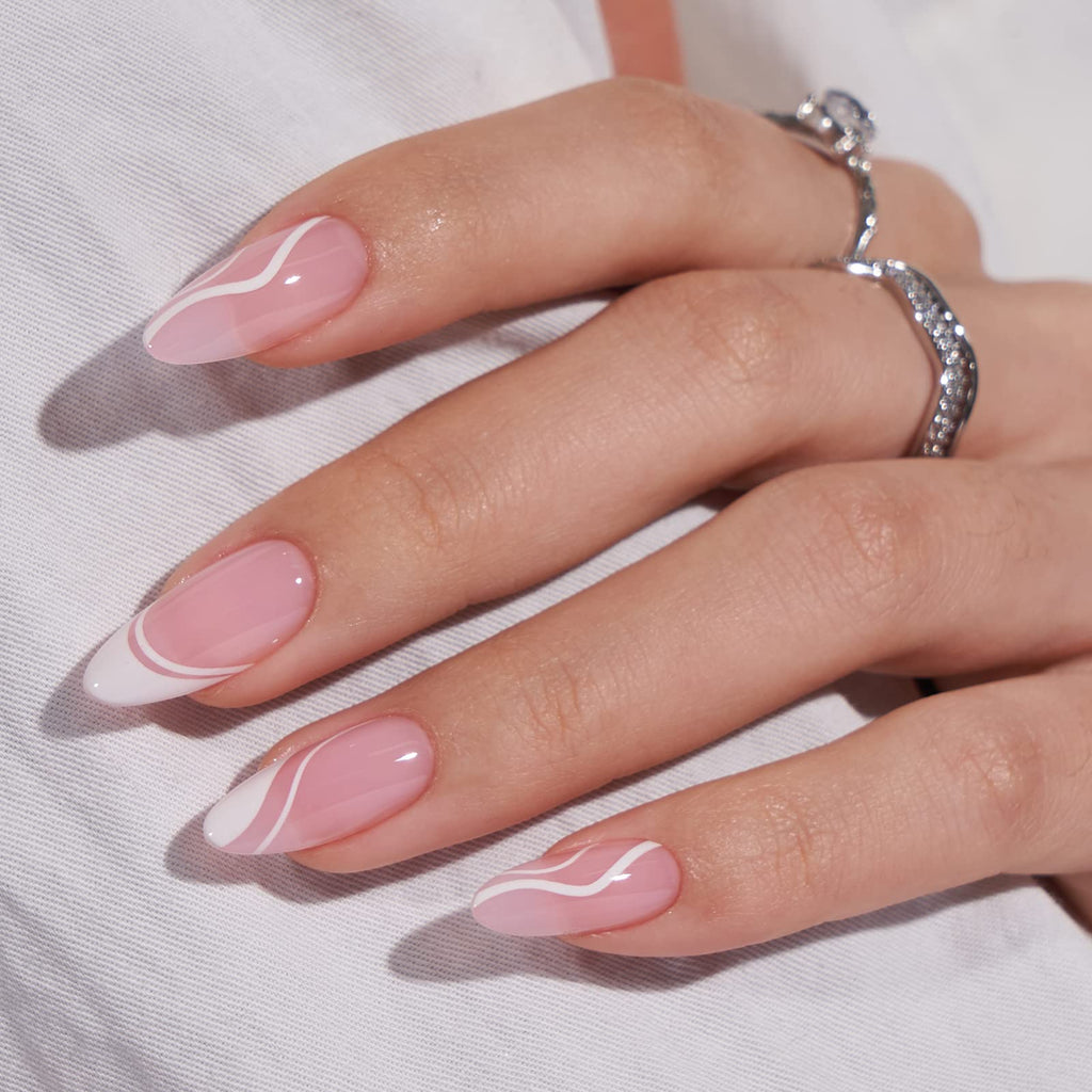 BTArtbox Press On Nails Medium – Soft Gel French Tip, Almond Shape, White Swirl, 15 Sizes + Glue & Tools