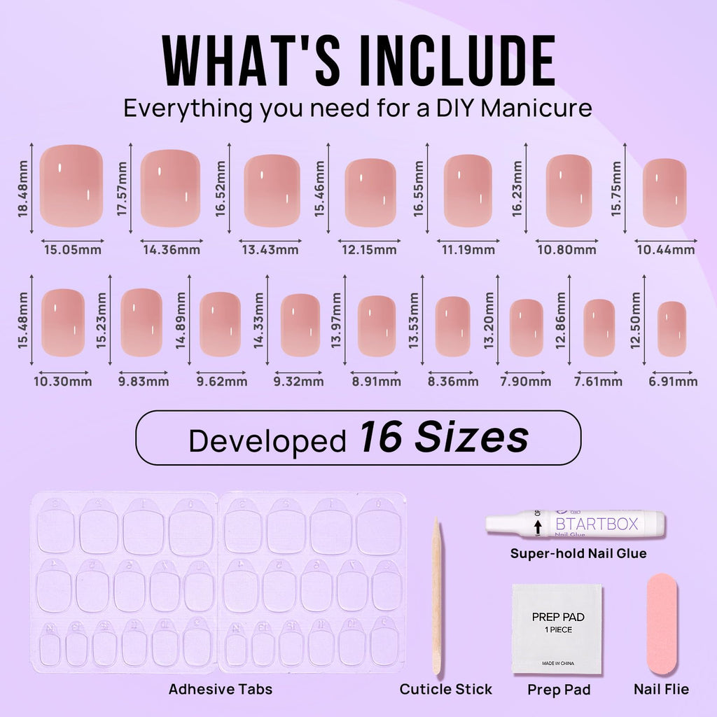 BTArtbox Press On Nails Short – Nude Square Gel Nails Kit (32 Nails, 16 Sizes)