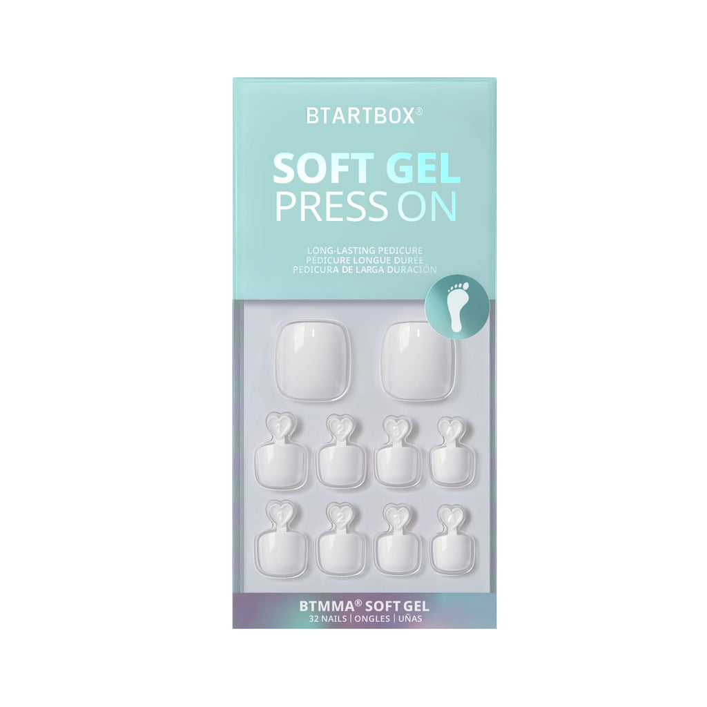 BTArtbox Press On Toenails – White Short Square, Lightweight Glue-On Nails (32 Nails, 16 Sizes)