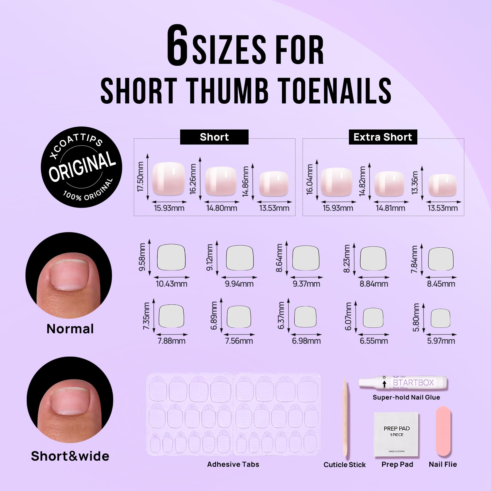 BTArtbox Press on Toenails Short Pink Ombre Square – 32 Nails Kit, 16 Sizes, Glue Included
