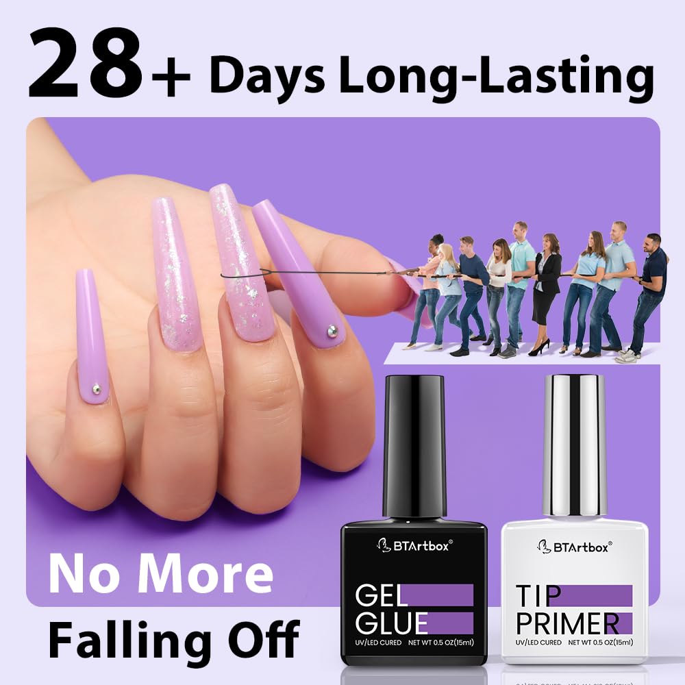 BTArtbox Nail Glue & Primer Set – 2x0.5 fl oz, 4-in-1 UV Gel for Durable Nail Extensions