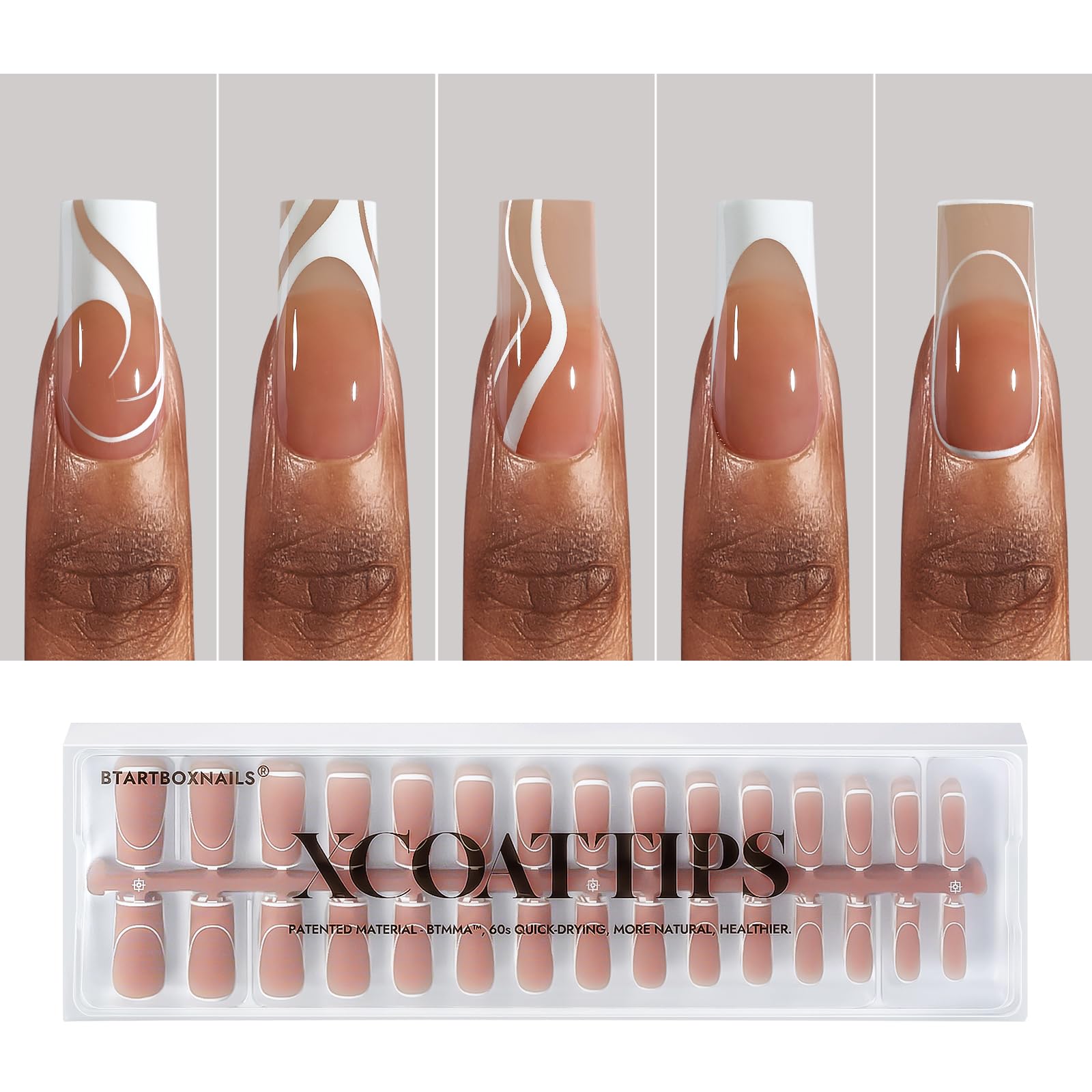 BTArtbox French Tip Press-On Nails with XCOATTIPS – 5 Styles, Short Coffin, 150pcs