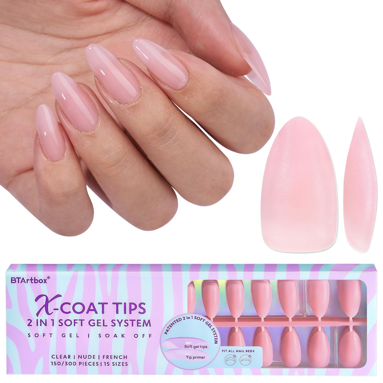 BTArtbox XCOATTIPS Matte Medium Almond Press-On Nails – Long-Lasting Soft Gel Extensions