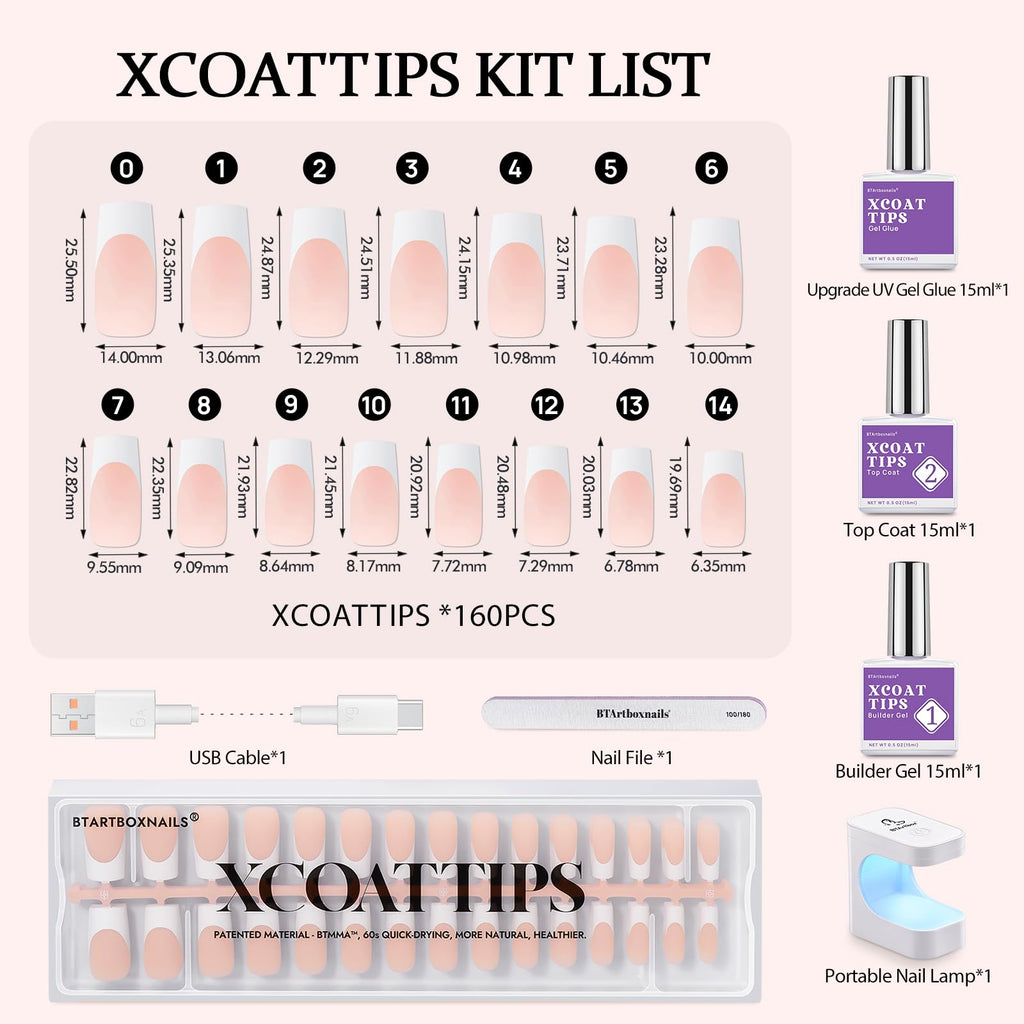 BTArtboxnails French Tip Press-On Nails Kit with Gel Glue, Builder Gel, Top Coat & Portable Nail Lamp
