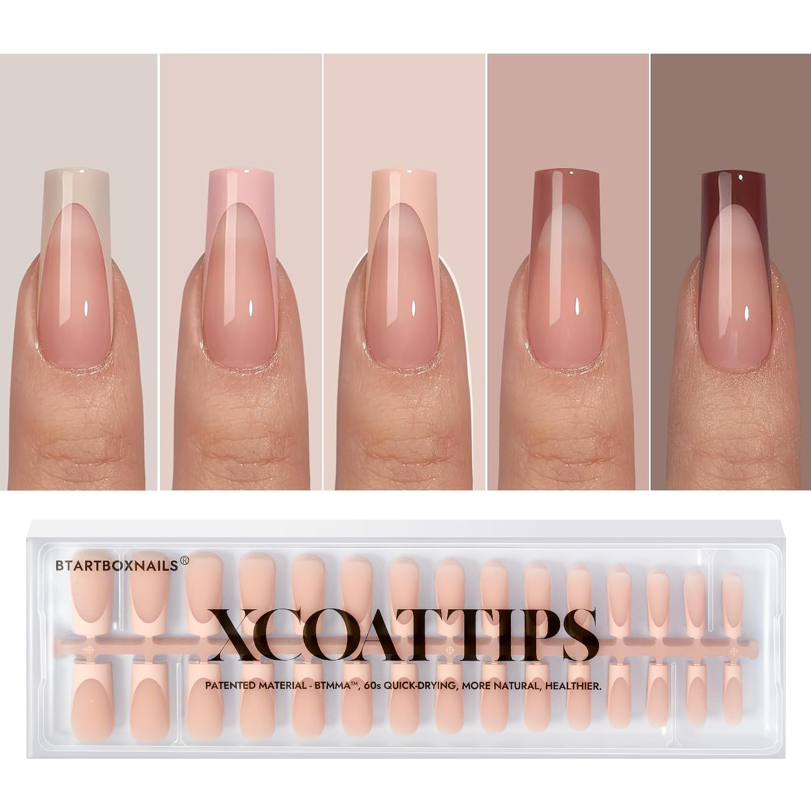 BTArtboxnails XCOATTIPS French Tip Nails – Long Square Soft Gel, 150 Pcs