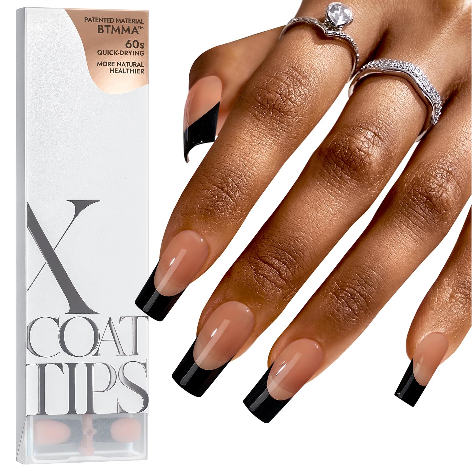 BTArtboxnails XCOATTIPS French Tip Nails – Long Press On Nails, Black Square Tips