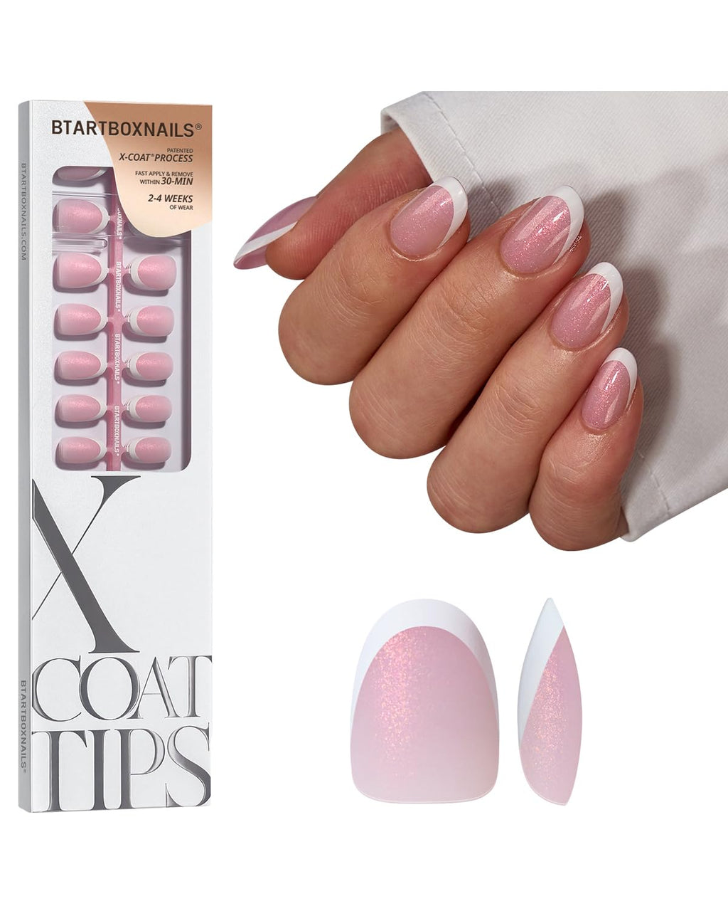 BTArtboxNails XCOATTIPS French Tip Press On Nails – Pink Glitter Base, Short Oval, 96 Pcs, 16 Sizes