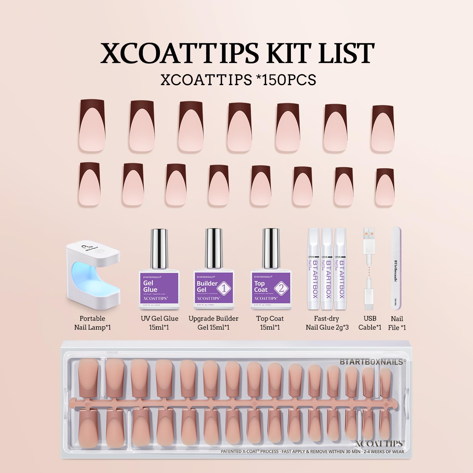 BTArtboxnails XCOATTIPS Nails Press Ons – Skin Tone Square Long Gel Tips, All-in-One French Manicure Kit