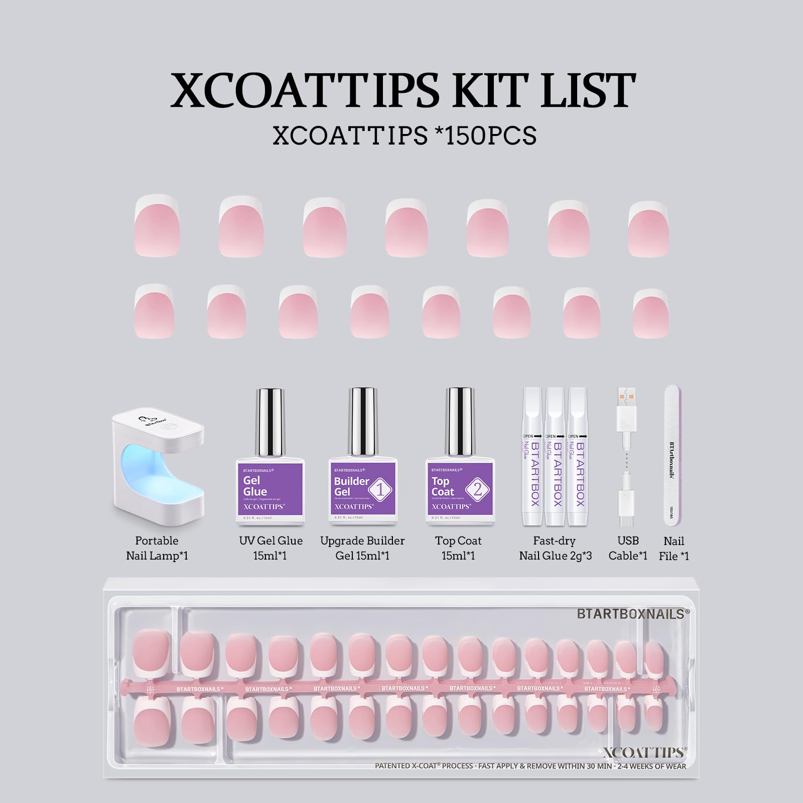 BTArtboxnails XCOATTIPS French Tips Nails – Extra Short Square Press-On Kit with Gel & Lamp