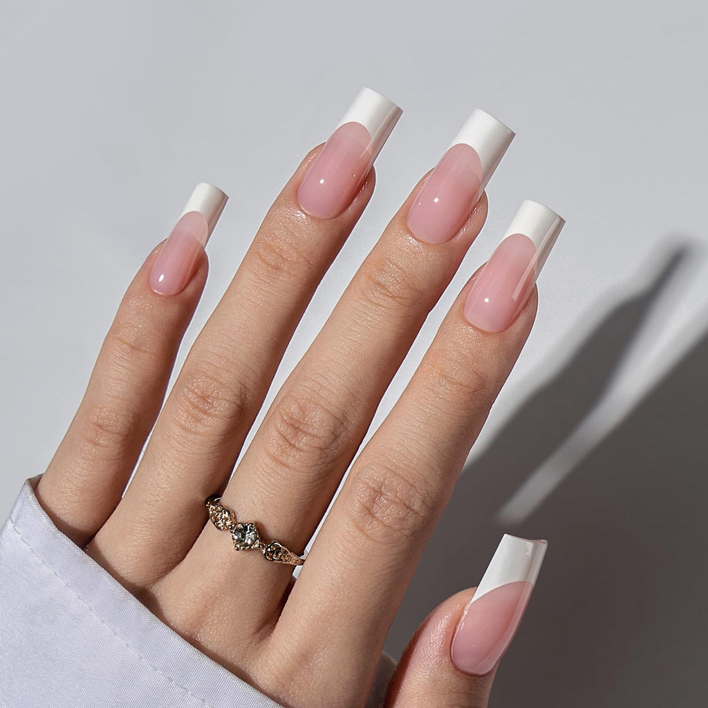 BTArtboxnails XCOATTIPS White French Tip Press-On Nails – Pink Long Square Tips, Soak-Off Extensions