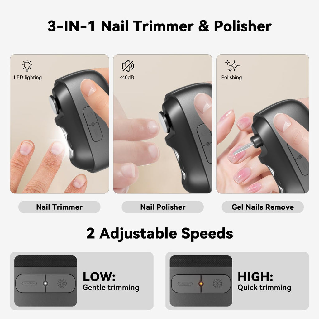 BTWOGO Electric Nail Clipper 3-in-1: LED Light, Auto File & Polish, Rechargeable