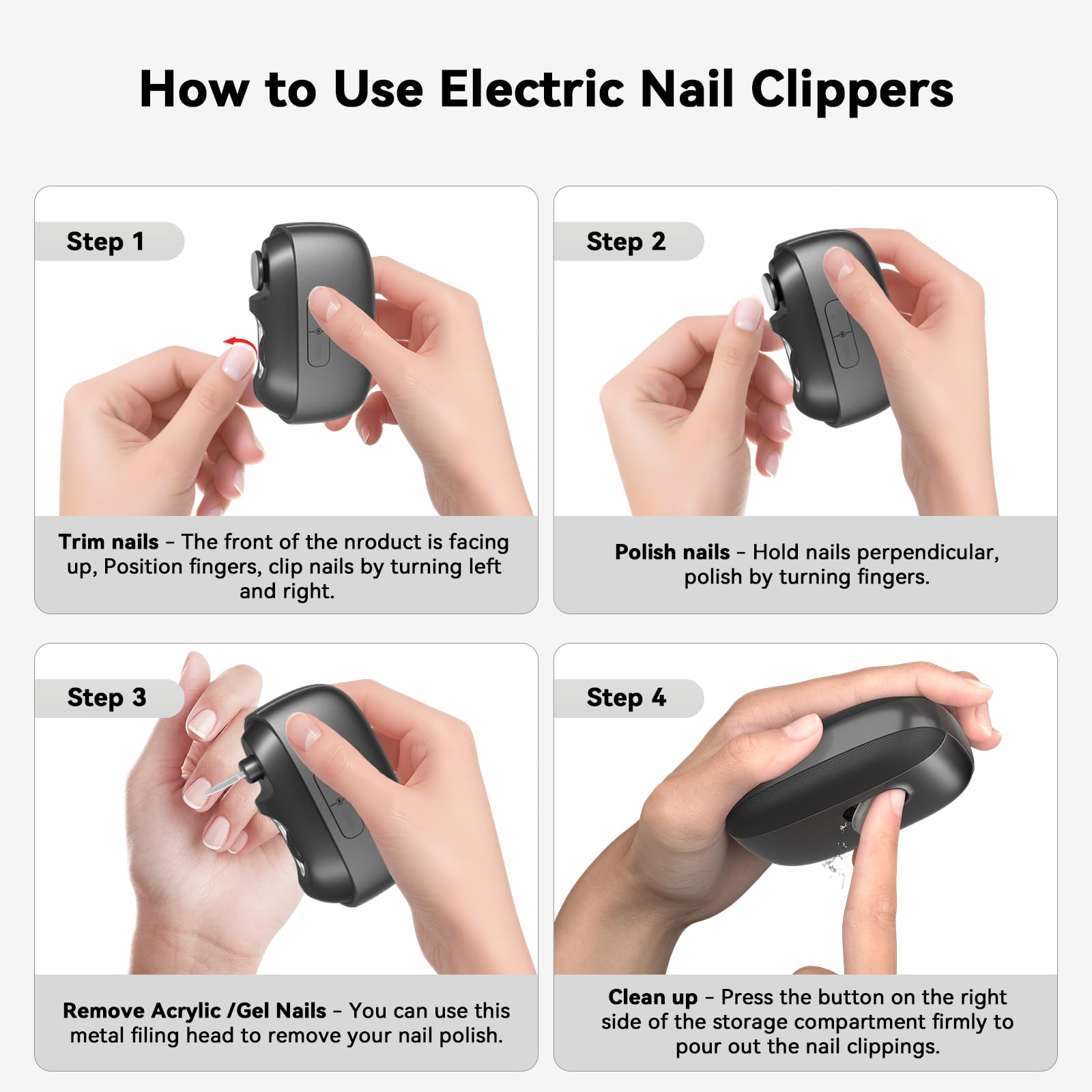 BTWOGO Electric Nail Clipper 3-in-1: LED Light, Auto File & Polish, Rechargeable