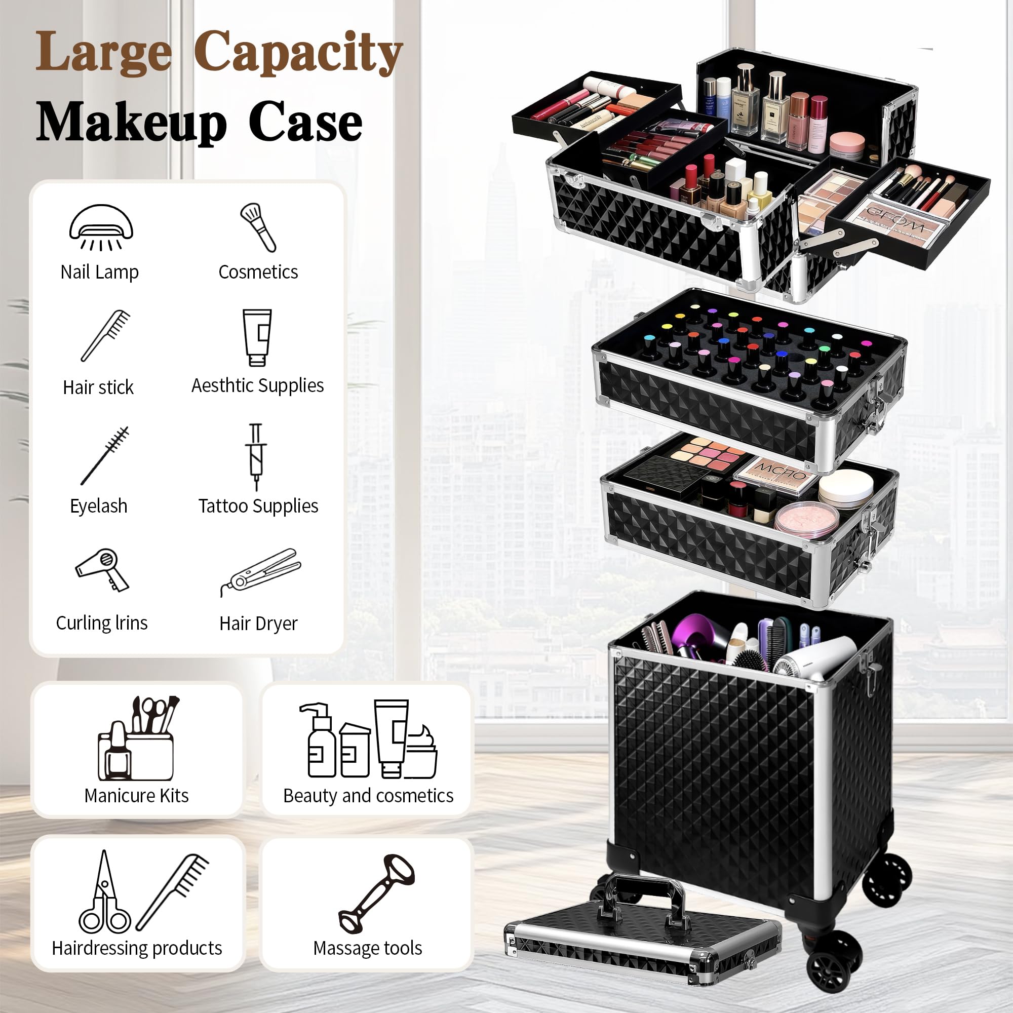 Buanson 5-in-1 Rolling Makeup Train Case — Large Professional Cosmetic Trolley on Wheels (Black)
