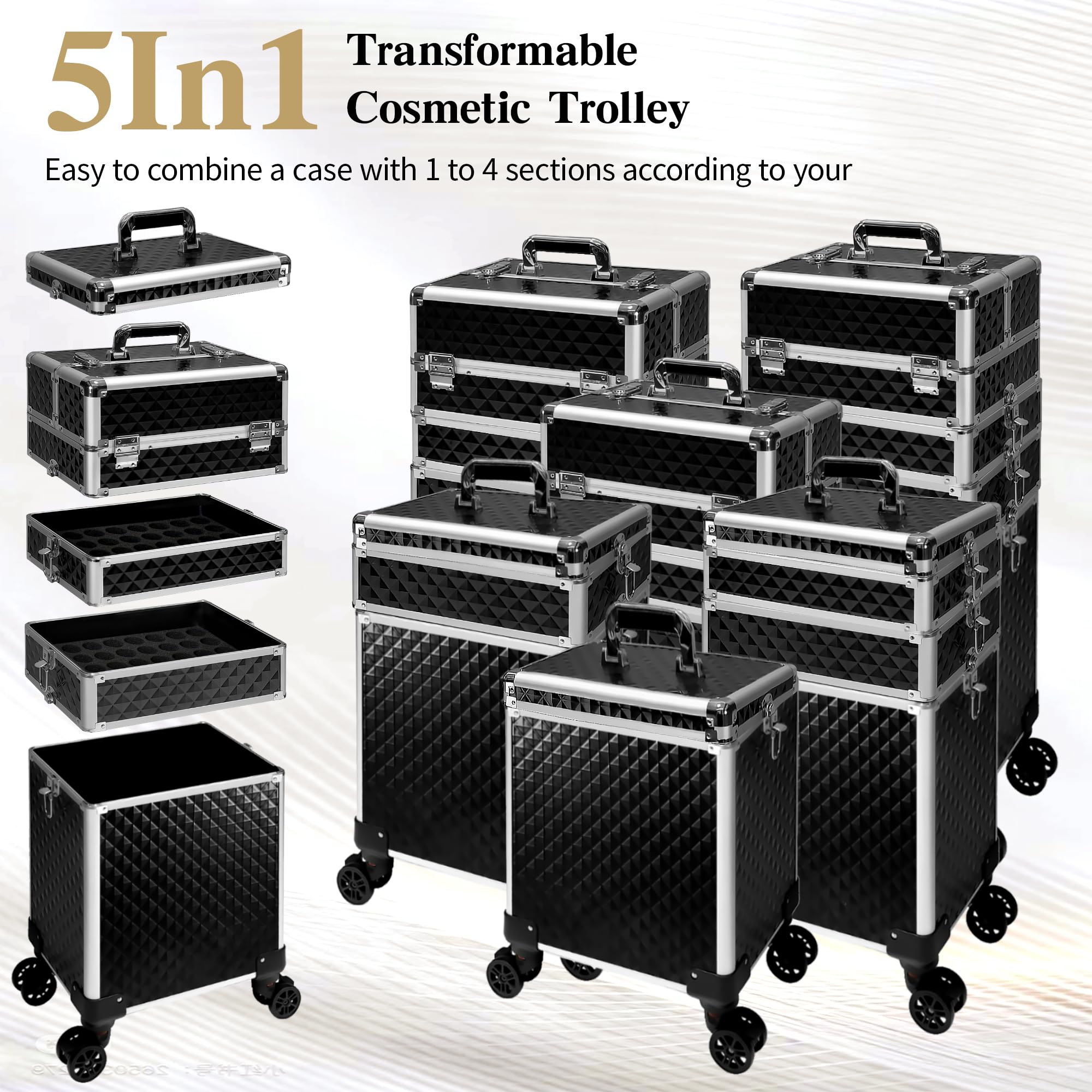 Buanson 5-in-1 Rolling Makeup Train Case — Large Professional Cosmetic Trolley on Wheels (Black)