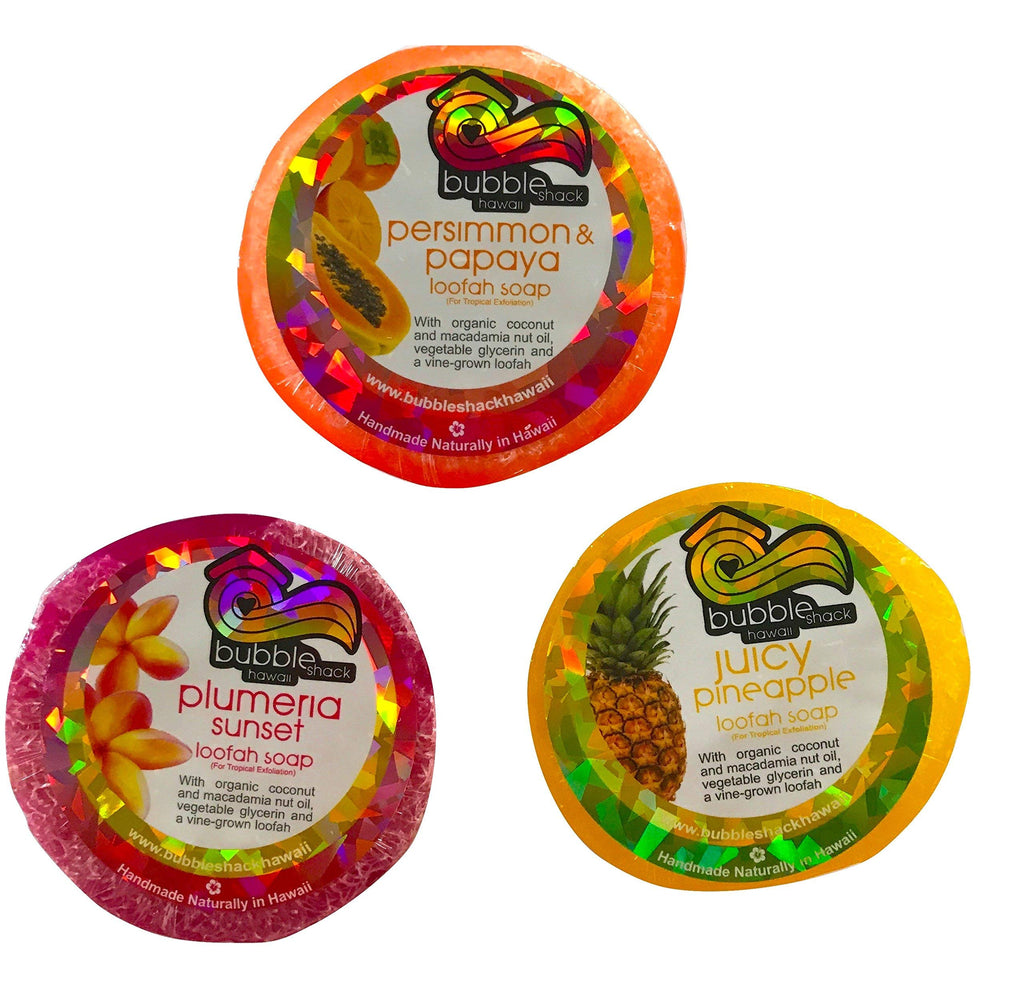 Bubble Shack Hawaii Loofah Soap Trio Organza Set – Rainbow Bars (3 Bars)