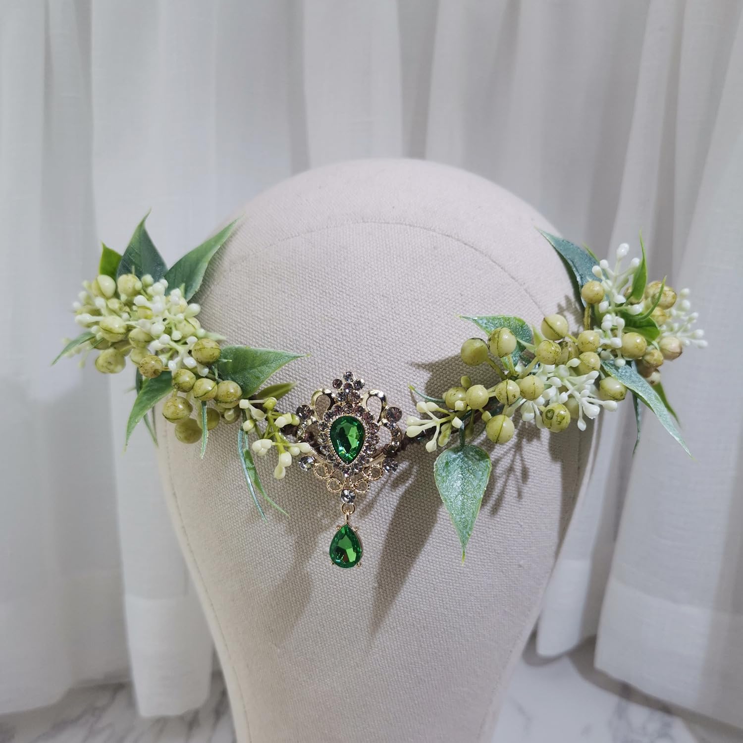 Bubbmi Green Flower Wreath Fairy Headband with Pendant | Woodland Elf Cosplay & Bridal Headpiece