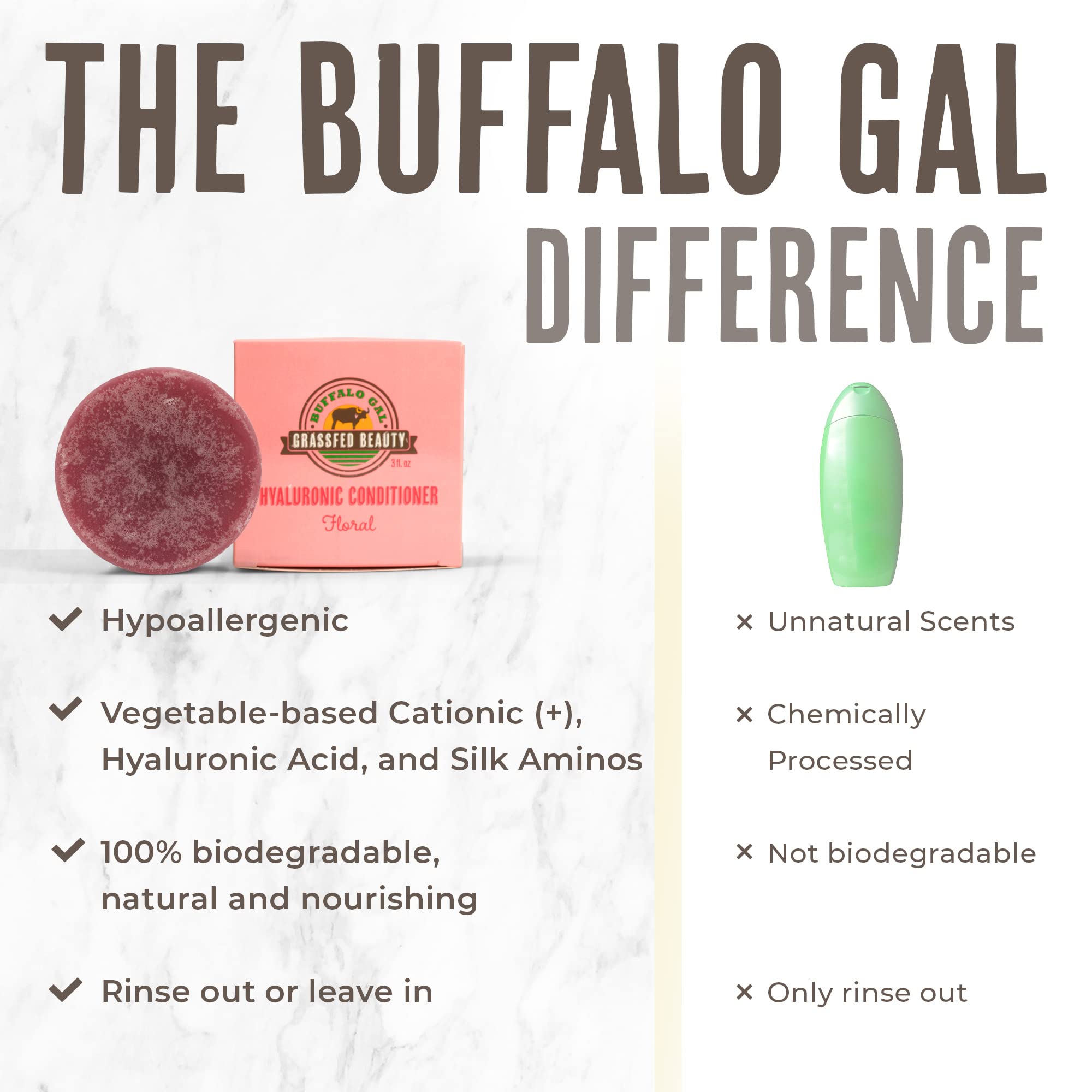 BUFFALO GAL Hyaluronic & Tallow Hair Conditioner Bar | Hydrating Detangler for All Hair Types | 3 fl oz
