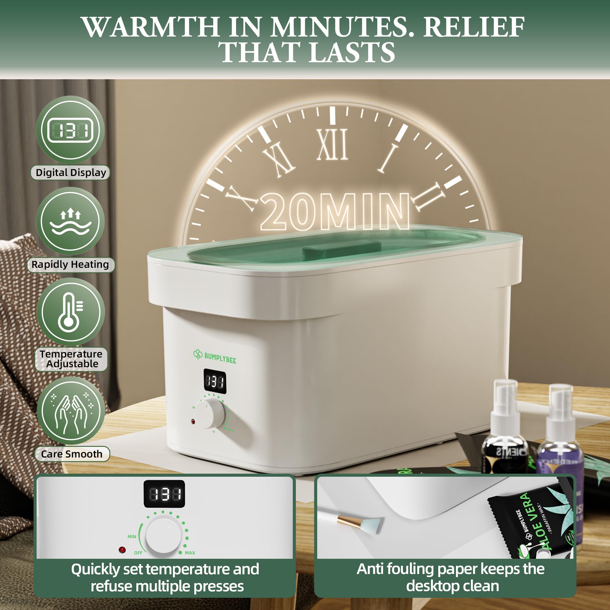 BUMPLYBEE 7000ml Paraffin Wax Machine for Hands & Feet | Aloe Vera Refills Included | White Home Spa Kit