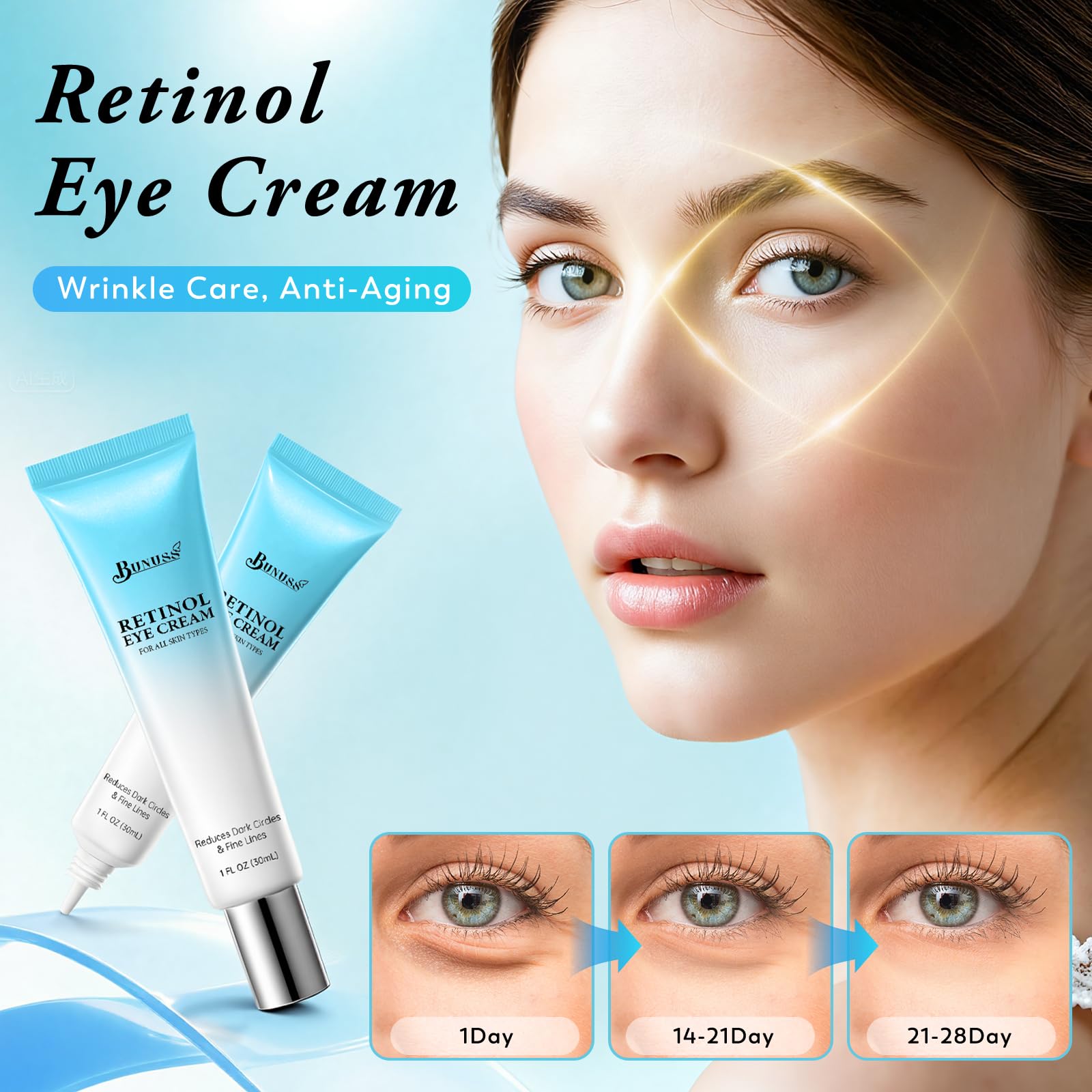 BUNUSS Retinol Eye Cream - 4% Retinol with Hyaluronic Acid, Peptides & Caffeine | Dark Circles & Puffiness, 1 fl oz