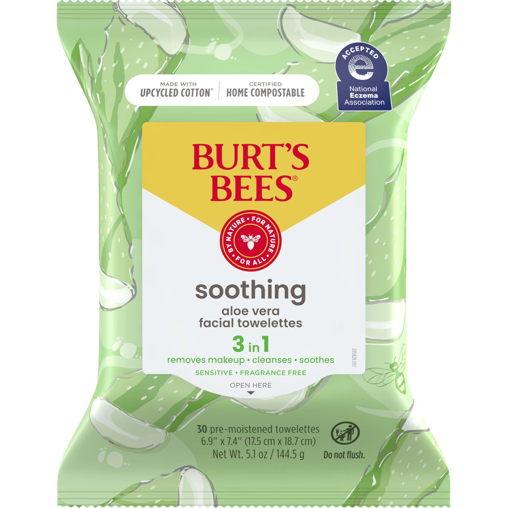 Burt's Bees Aloe Vera Face Wipes for Sensitive Skin | Soothing Makeup Remover & Facial Cleansing Towelettes, 30 Count (Pack of 3)