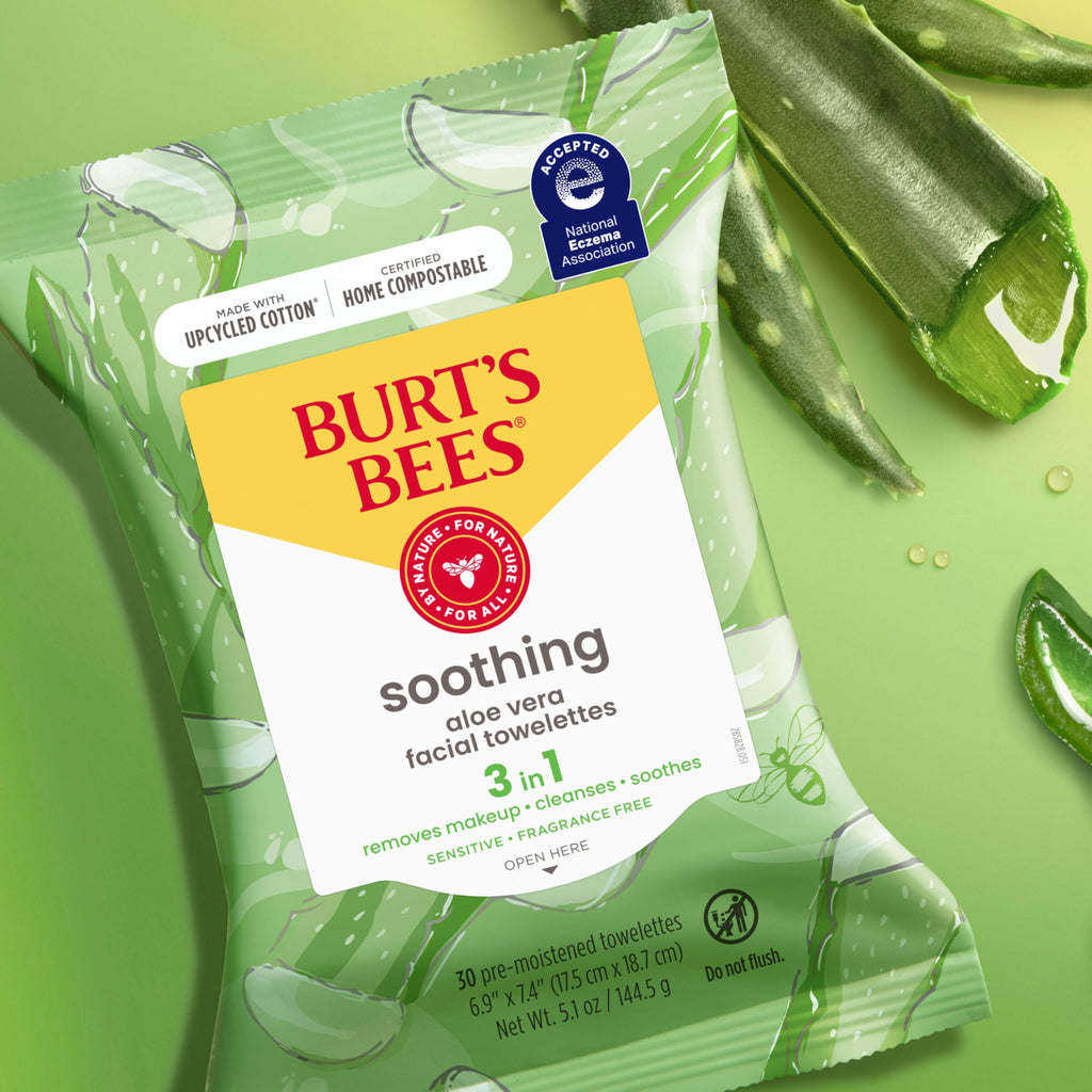 Burt's Bees Aloe Vera Face Wipes for Sensitive Skin | Soothing Makeup Remover & Facial Cleansing Towelettes, 30 Count (Pack of 3)