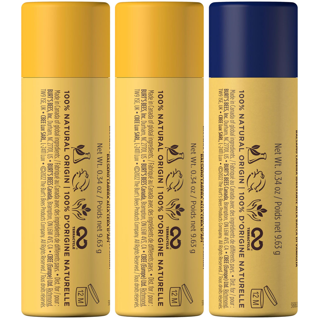 Burt's Bees Moisturizing Lip Balm Pack – Vanilla Bean & Original Beeswax, 0.34 oz Each (3 Paper Tubes)
