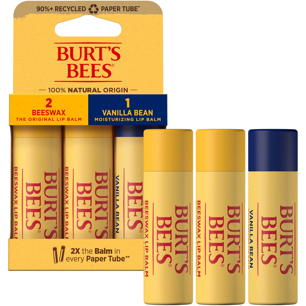 Burt's Bees Moisturizing Lip Balm Pack – Vanilla Bean & Original Beeswax, 0.34 oz Each (3 Paper Tubes)