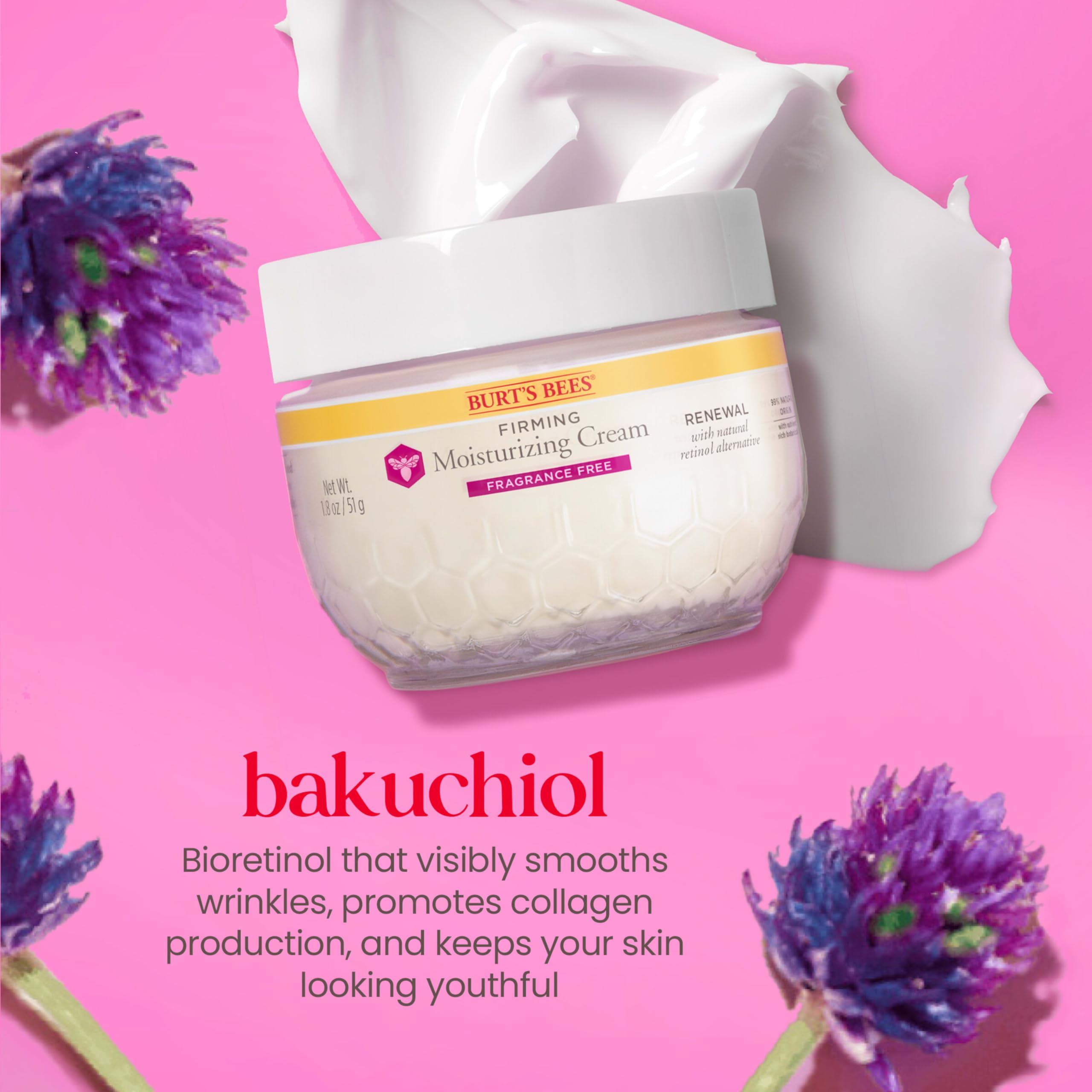 Burt's Bees Renewal Fragrance-Free Firming Moisturizer with Bakuchiol – 99% Natural, 1.8 oz