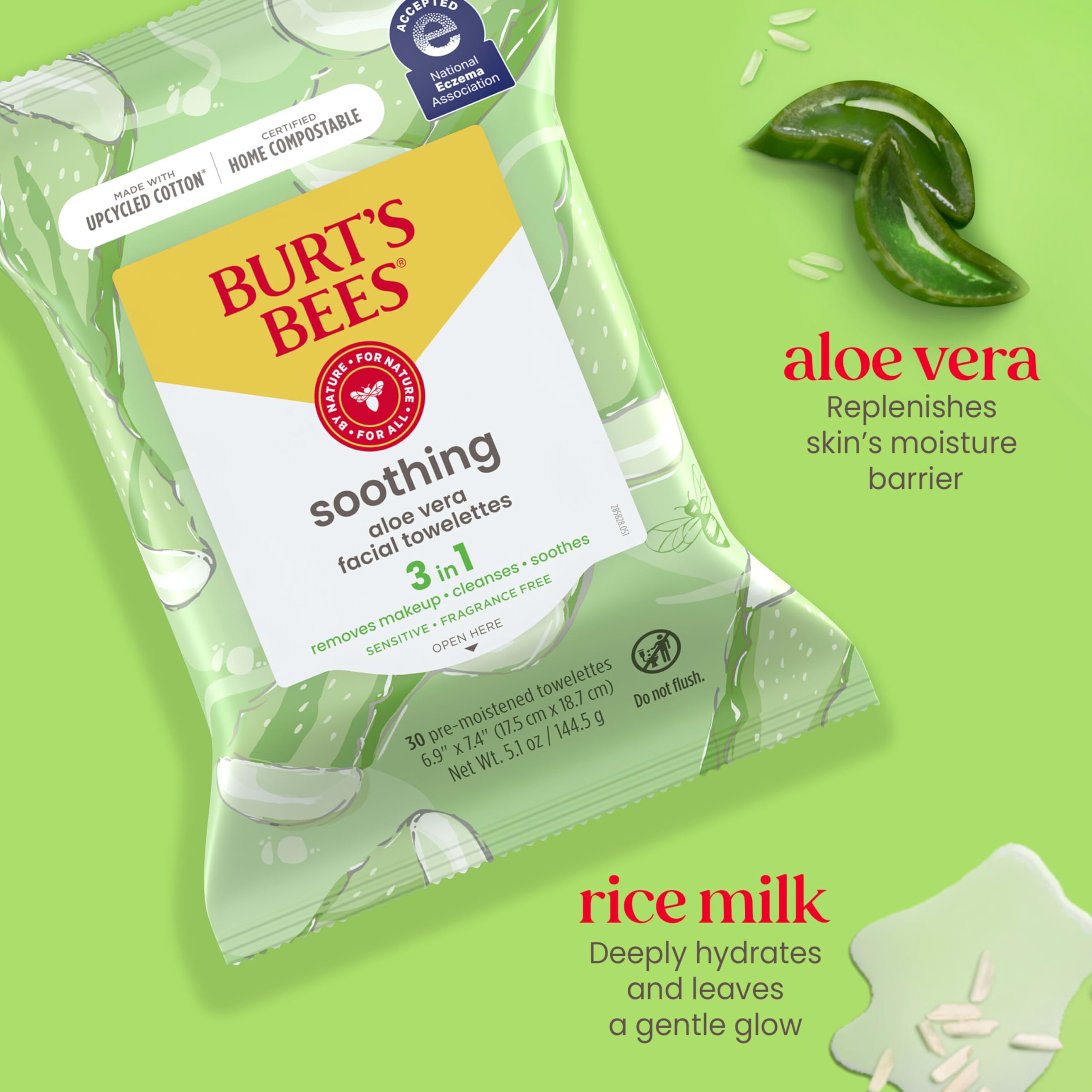 Burt's Bees Aloe Vera Face Wipes for Sensitive Skin | Soothing Makeup Remover & Facial Cleansing Towelettes, 30 Count (Pack of 3)