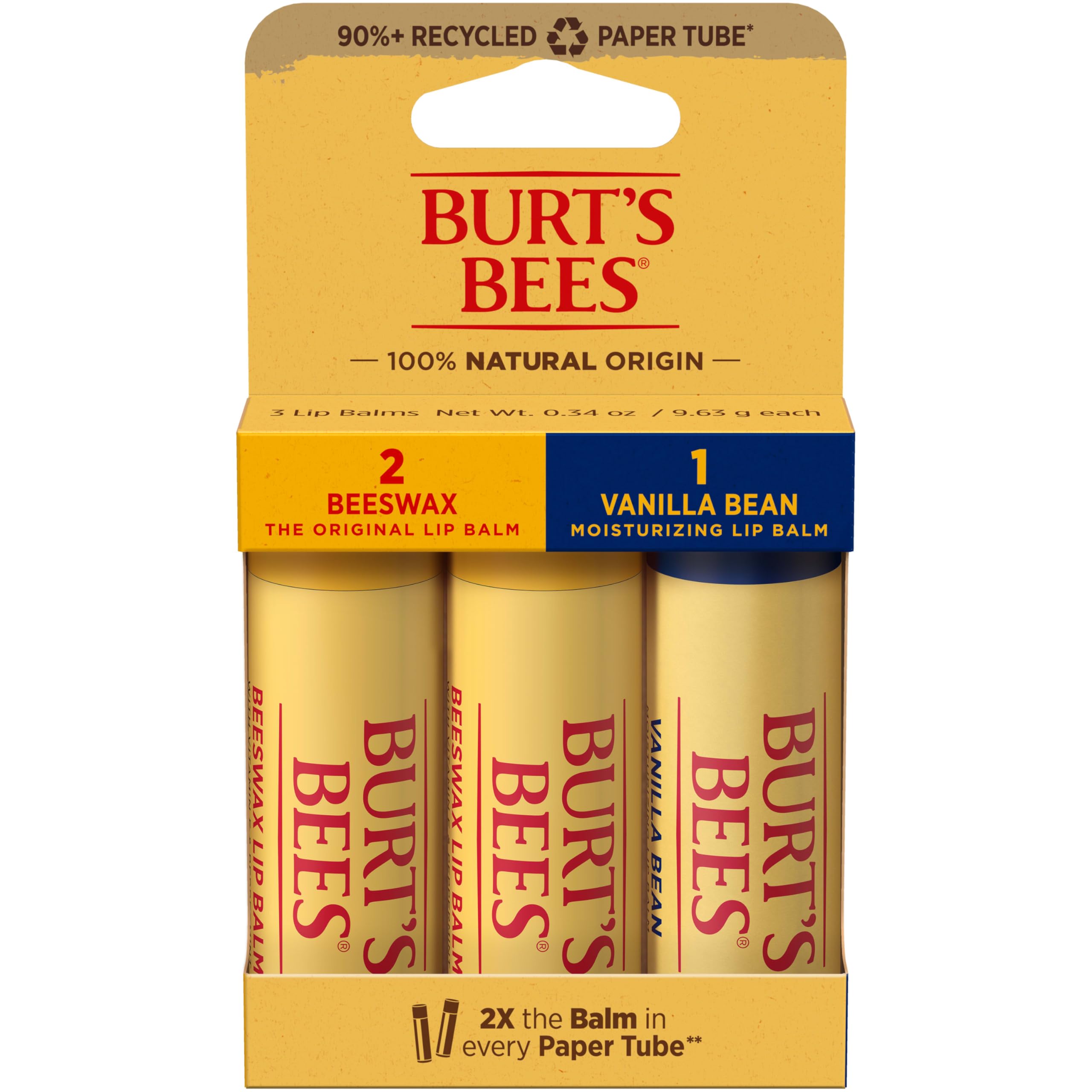 Burt's Bees Moisturizing Lip Balm Pack – Vanilla Bean & Original Beeswax, 0.34 oz Each (3 Paper Tubes)